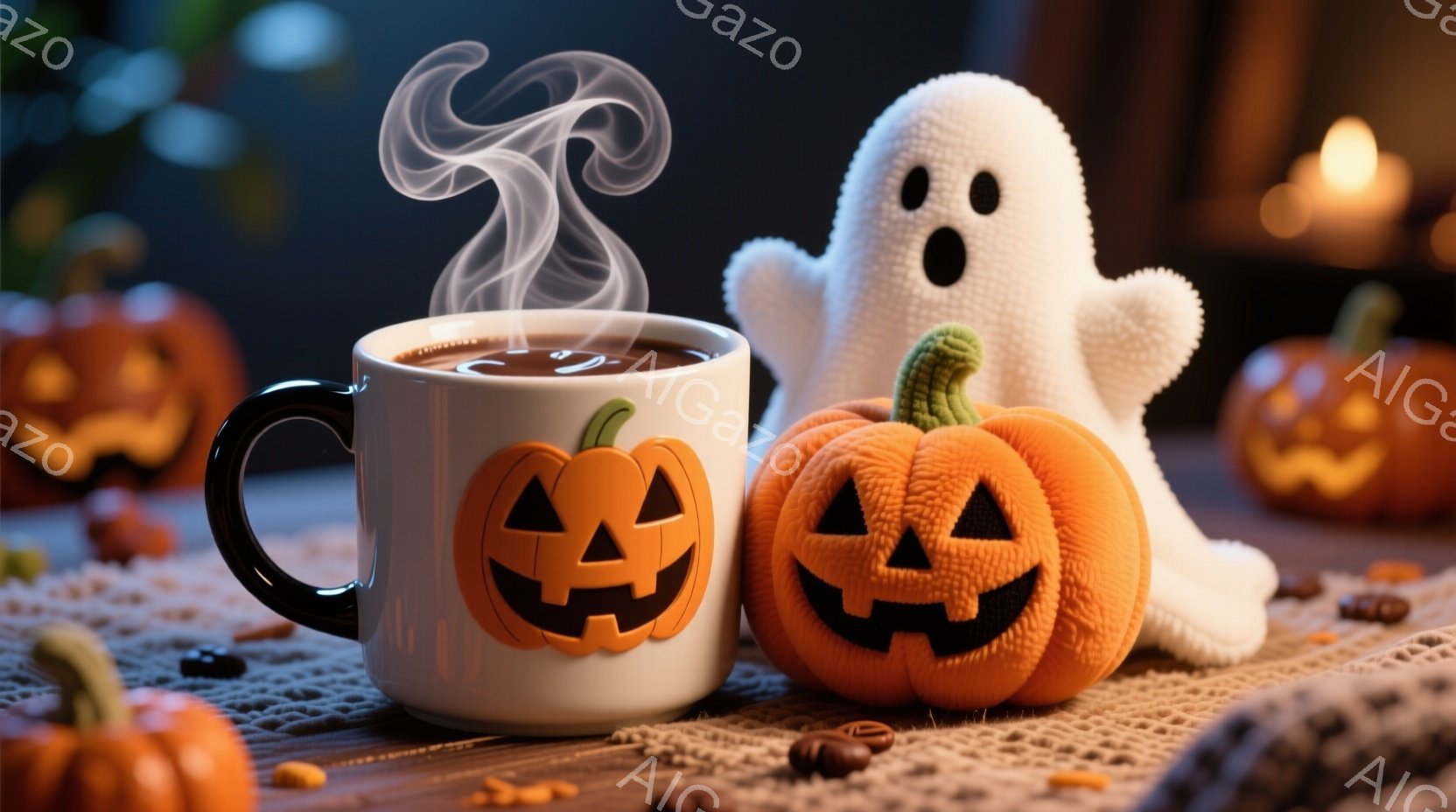 温かい飲み物が描かれたハロウィン風のマグカップが、小さなカボチャのぬいぐるみと一緒に配置されています。背景には、ぼんやりと光るカボチャのランタンと、茶色のコーヒー豆が散りばめられた木製のテーブルが見え - AI生成フリー素材