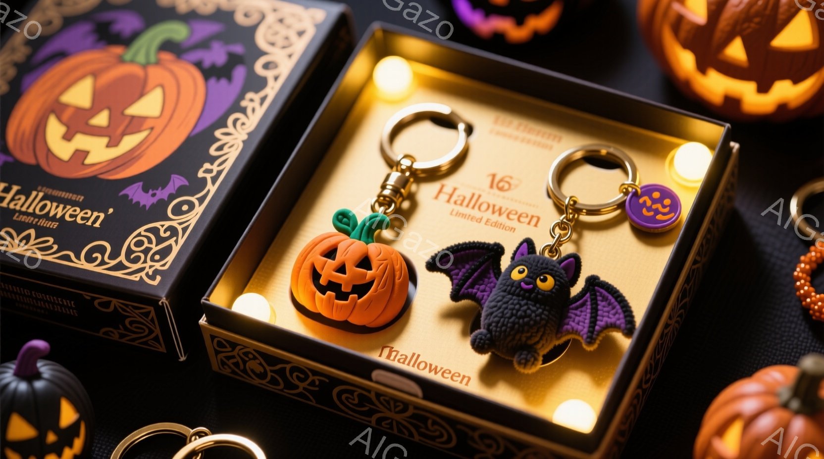 ハロウィーンをテーマにしたキーホルダーが、紫色の装飾が施された箱の中に並べられています。オレンジ色のカボチャと紫色のコウモリのキーホルダーは、可愛らしいデザインで、箱の装飾と調和しています。背景にはぼ - AI生成フリー素材