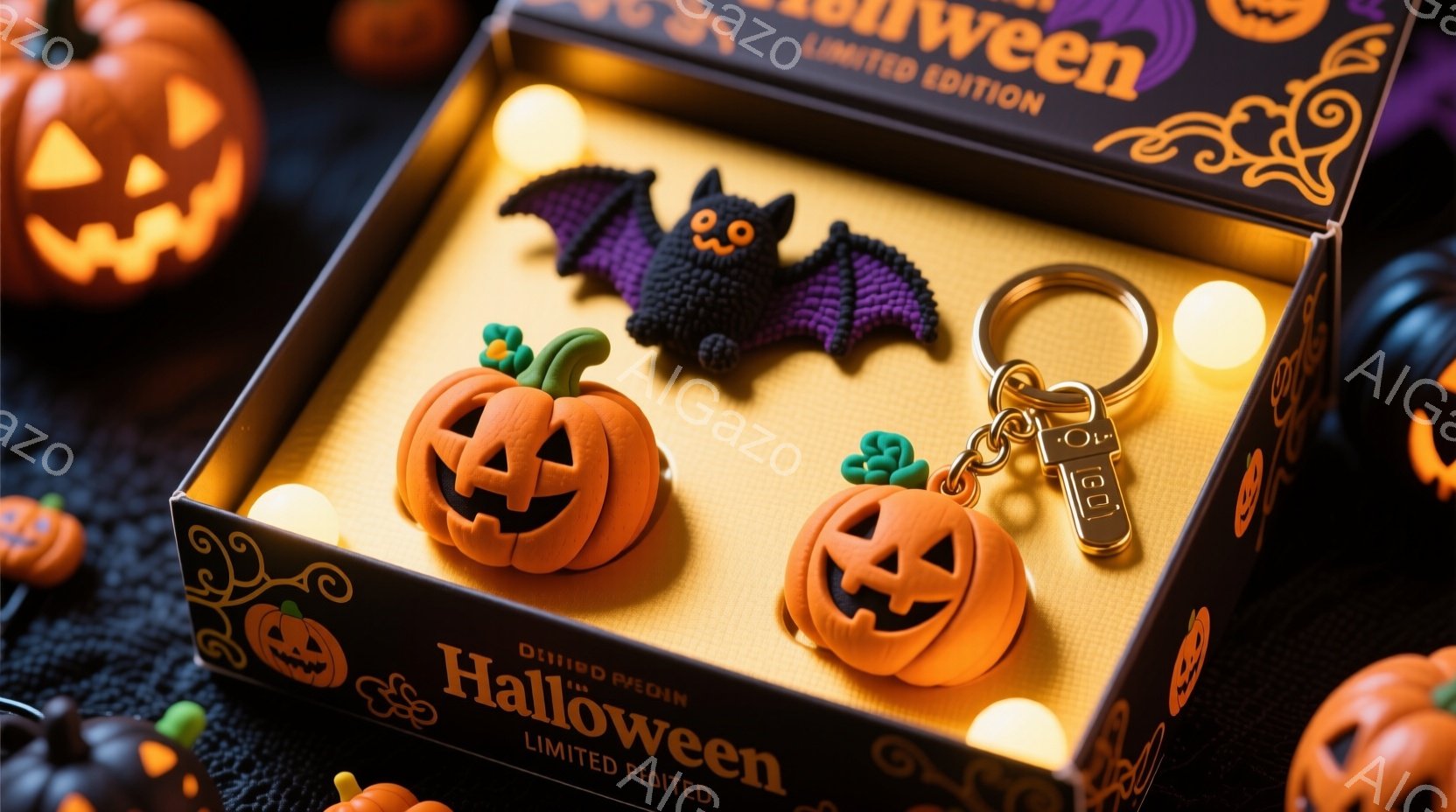 ハローウィーン限定版のキーホルダーセットが、オレンジ色の箱の中に並べられています。カボチャとコウモリの形をしたキーホルダーは、手作り感のあるデザインで、可愛らしい表情をしています。背景には、他のカボチャの飾りがあり、全体的に温かく、お祭りの雰囲気が漂っています。