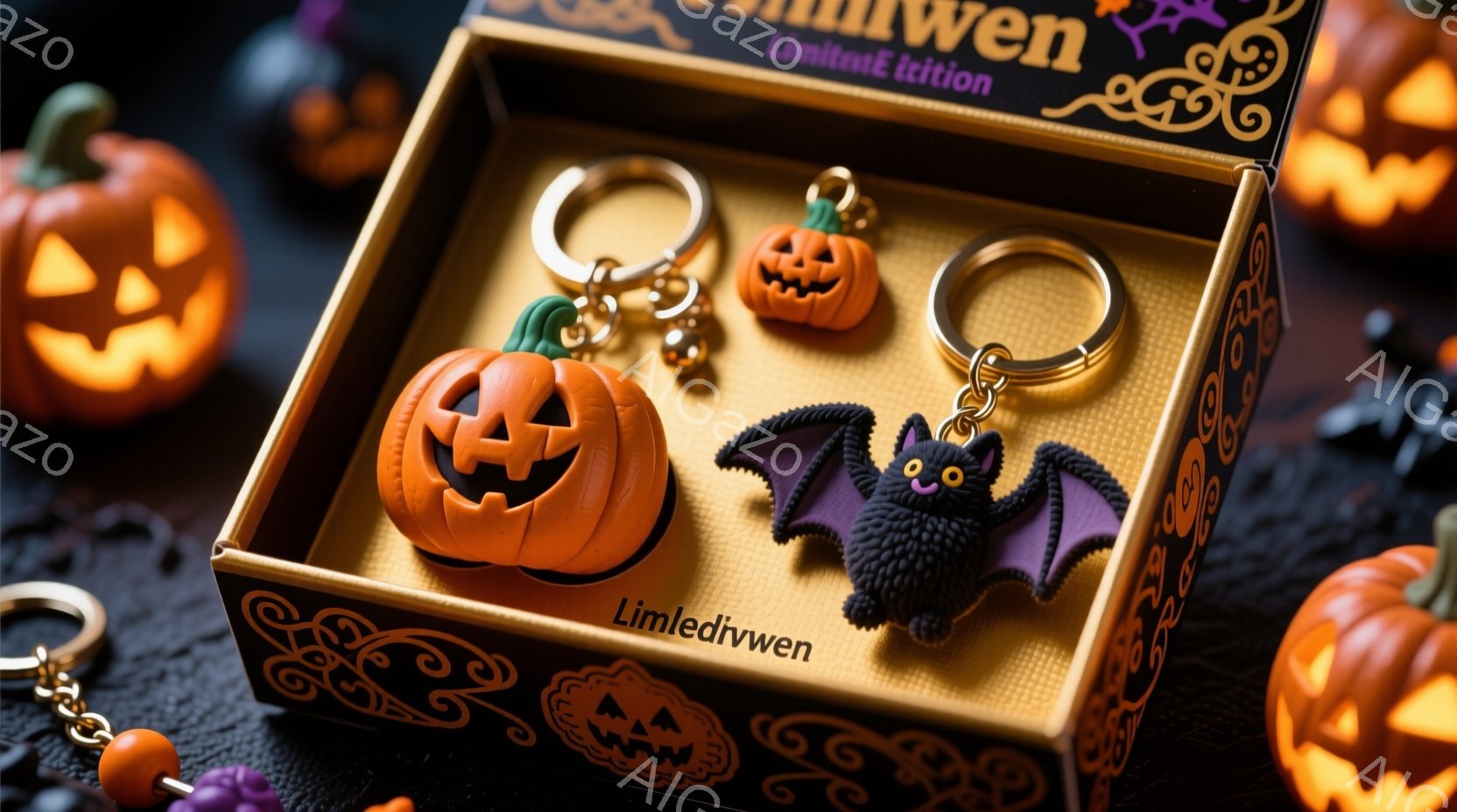 ホログラフィック技術を使った写真で、その中に金色の宝石ボックスが配置されており、その中にはハロウィンイベント用のキーチェーンとペンダントが入っている。これらのアクセサリーは幽玄なデザインで、鬼や狼を模したものがあり、ハロウィンのテーマに合わせている。その周囲には背景としてパンプキンとその他のハロウィンのアイテムが見える。写真自体は実際には存在しないであろうホログラフィック技術によって作られたもので、擬似的な3D効果を持つ。