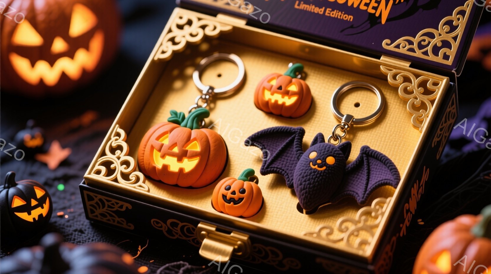 オレンジと紫色のハロウィーンをテーマにしたキーホルダーが、装飾された黒い箱の中に並べられています。キーホルダーはカボチャとコウモリの形をしており、箱の蓋には「HALLOWEEN Limited Edition」という文字が書かれています。周囲にはオレンジ色のジャック・オー・ランタンが散りばめられ、お祝いムードを高めています。