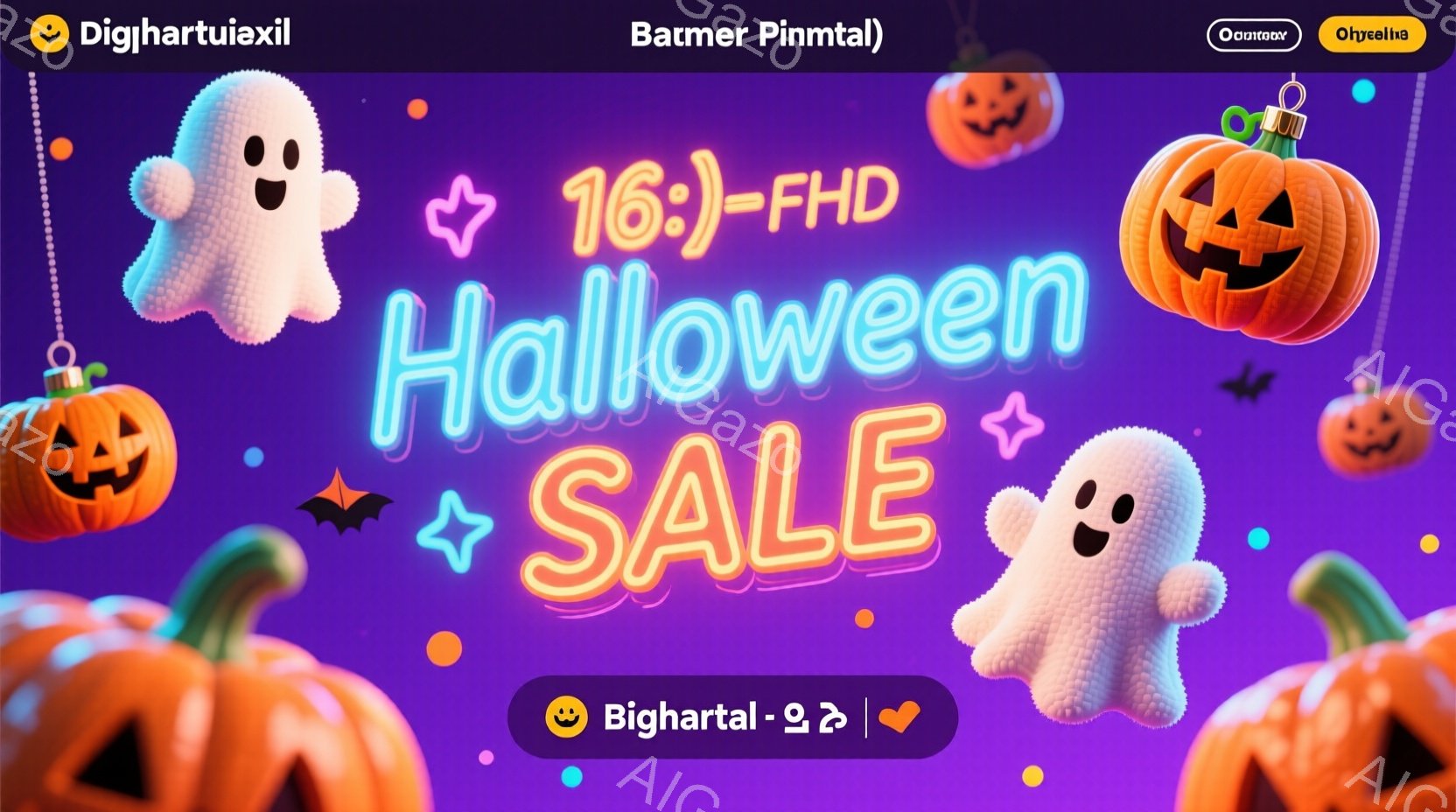 背景は鮮やかな紫で、ハロウィーンを連想させるカボチャやお化けが散りばめられています。お化けは丸みを帯びた可愛らしいデザインで、嬉しそうな表情をしています。全体的に明るく楽しい雰囲気で、ハロウィーンセー - AI生成フリー素材