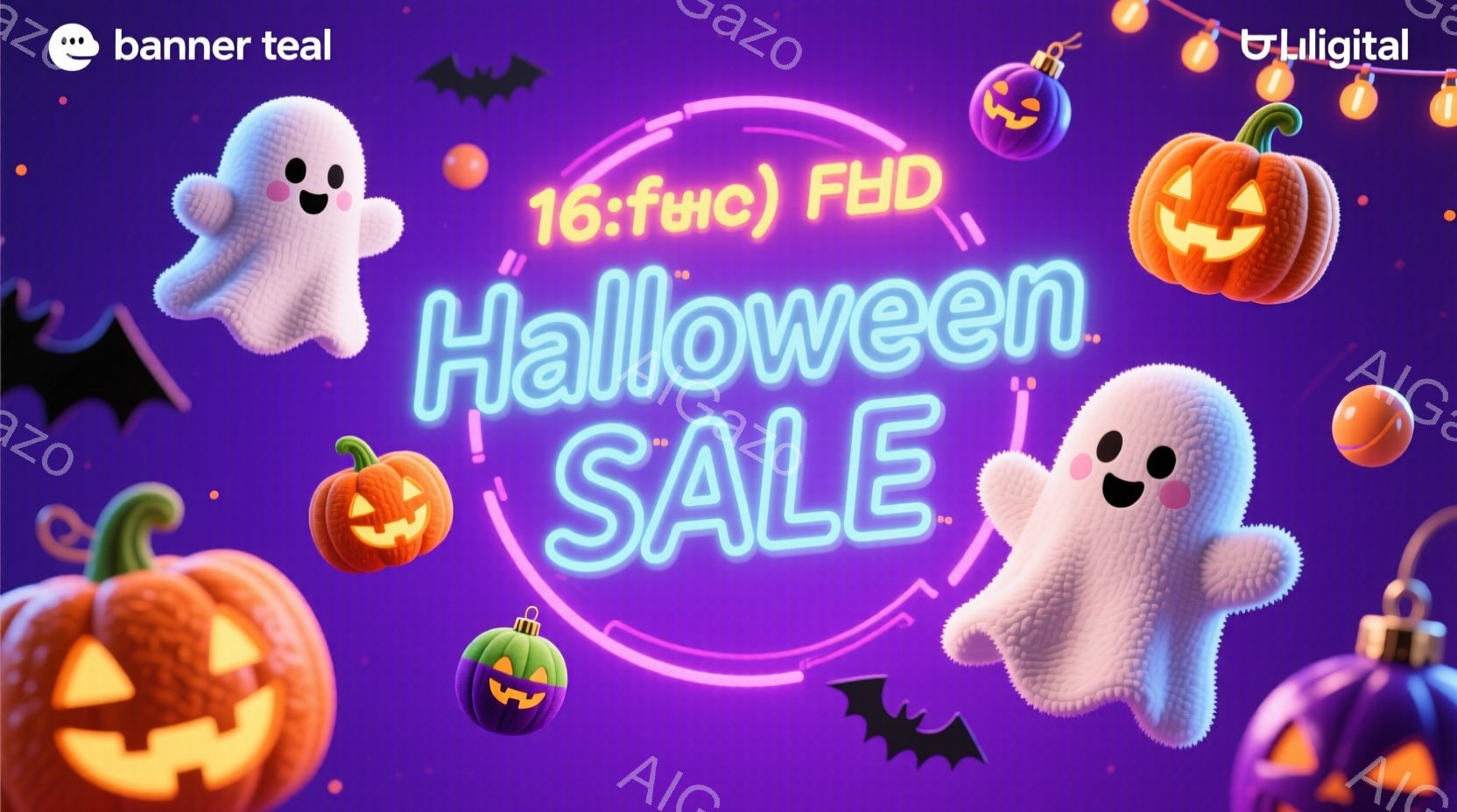 紫色の背景に、かわいらしいハロウィーンのイラストが浮かんでいます。幽霊、カボチャのランタン、コウモリが配置され、明るいネオン色の「SALE」の文字が印象的です。全体的にポップで明るく、楽しいハロウィー - AI生成フリー素材