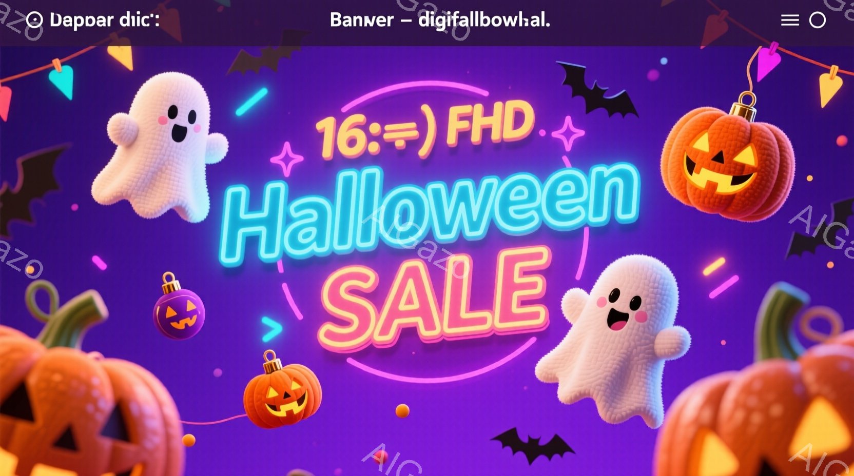 ハロウィーンセールを告知する広告です。背景は濃い青色で、かわいらしいジャック・オー・ランタンや幽霊が浮かび、ハロウィーンらしい装飾が施されています。全体的に明るく、楽しげな雰囲気で、セールをアピールしています。