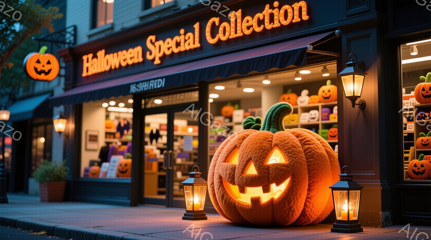 ハロウィーンの装飾が施された店舗の外観で、大きなジャック・オー・ランタンが通りに置かれ、周囲をランタンが照らしています。店舗のショーウィンドウには、ハロウィーンをテーマにした商品が並び、紫、オレンジ、 - AI生成フリー素材