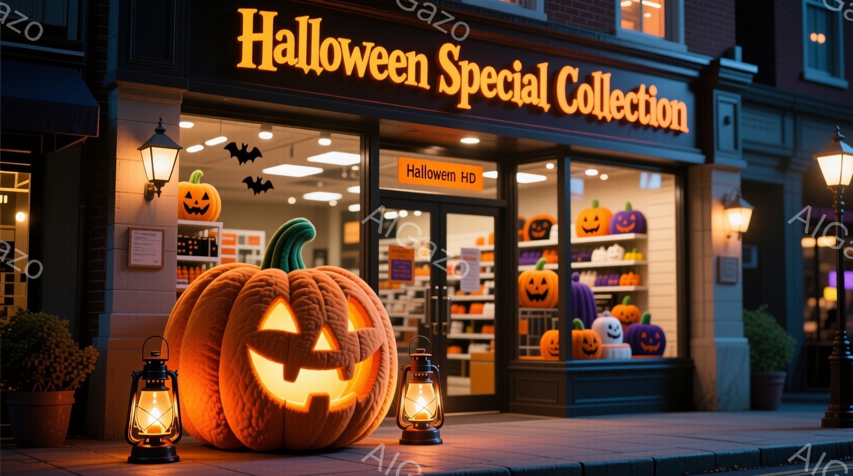 ハロウィーンの装飾が施された店の前に、巨大なジャック・オ・ランタンが置かれており、周囲をランタンが照らしています。背景には、ハロウィーンのテーマで飾り付けられた商品が並ぶ店内の様子が見え、夜の街並みが - AI生成フリー素材