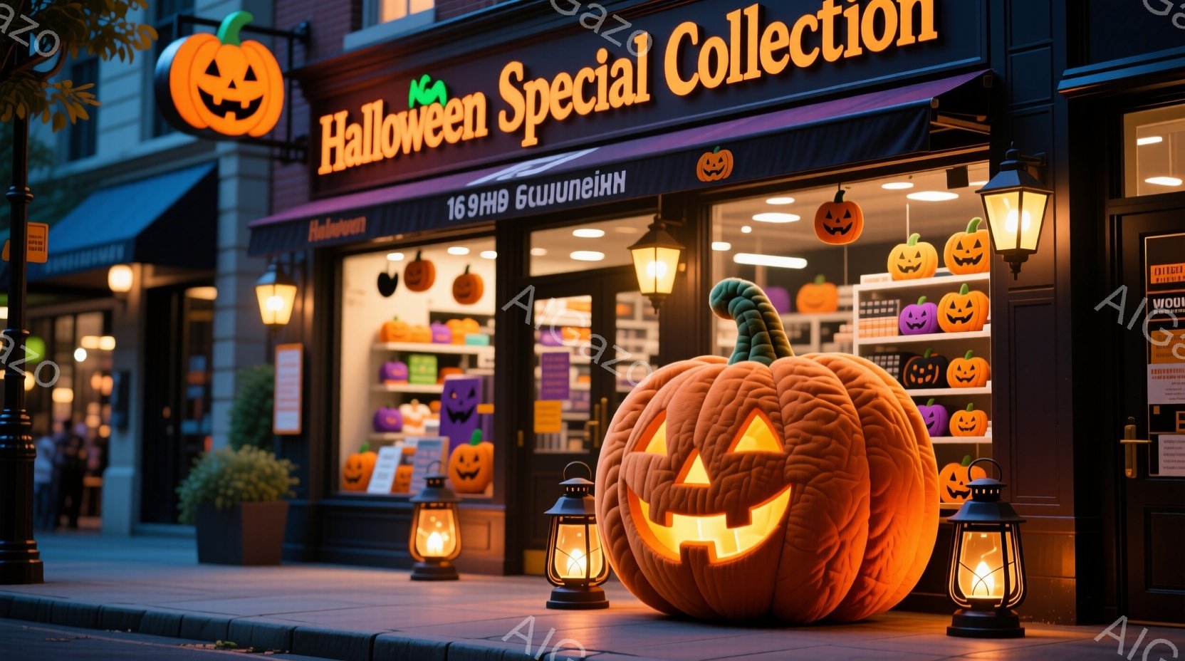 ハロウィーンの特別セールを告げる看板が輝く商店街の一角です。大きなカボチャのランタンが歩道に置かれ、周囲には小さなカボチャの装飾と明かりが灯ったランタンが並び、ハロウィーンの雰囲気を盛り上げています。 - AI生成フリー素材