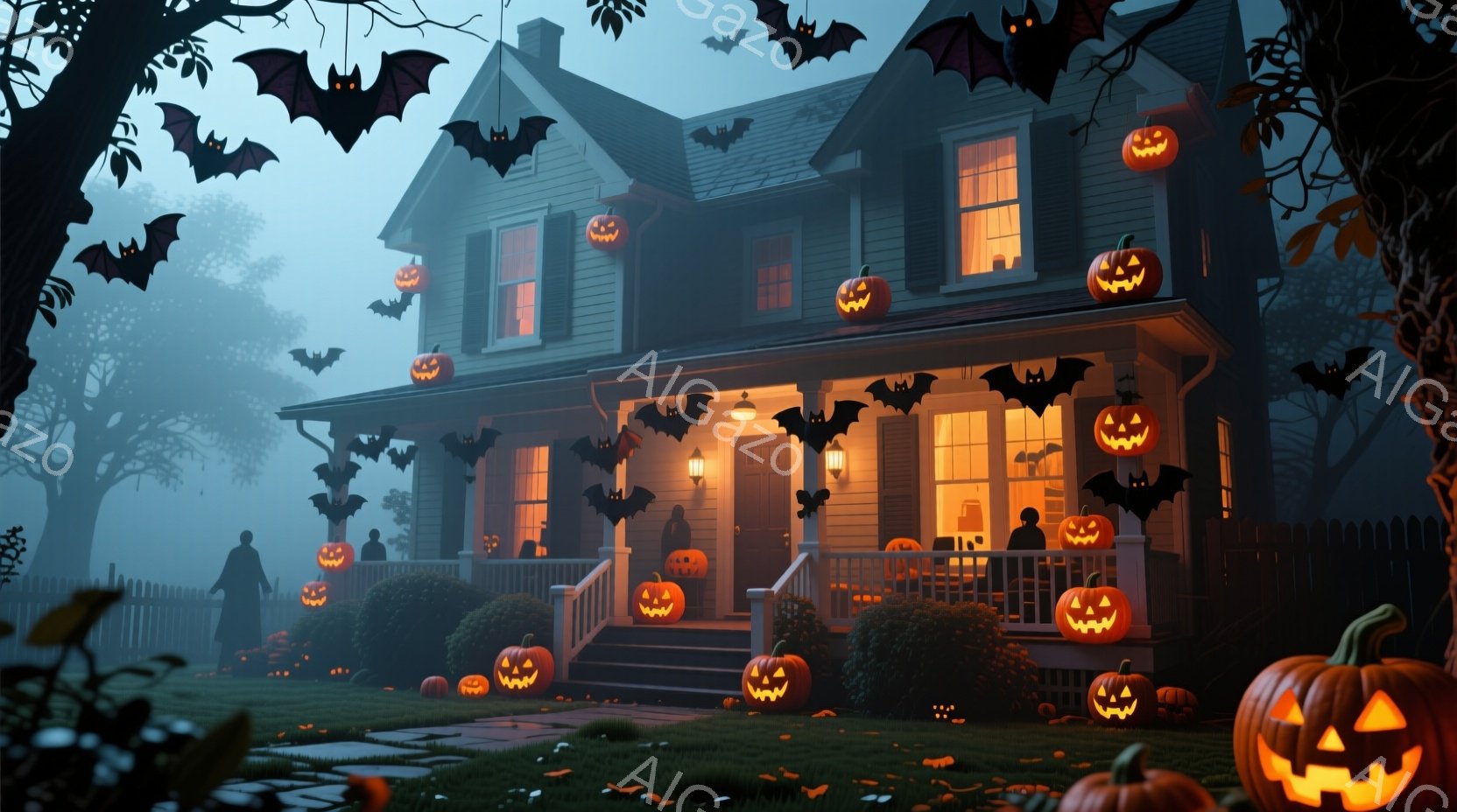 薄暗い背景に、ハロウィーンの装飾が施された２階建ての家が描かれています。家の周りにはたくさんのジャック・オー・ランタンが置かれ、玄関ポーチや庭にも飾られています。数人の人物が家の前で立っており、影になっているため顔の表情は分かりませんが、暗い服装で静かに立っています。