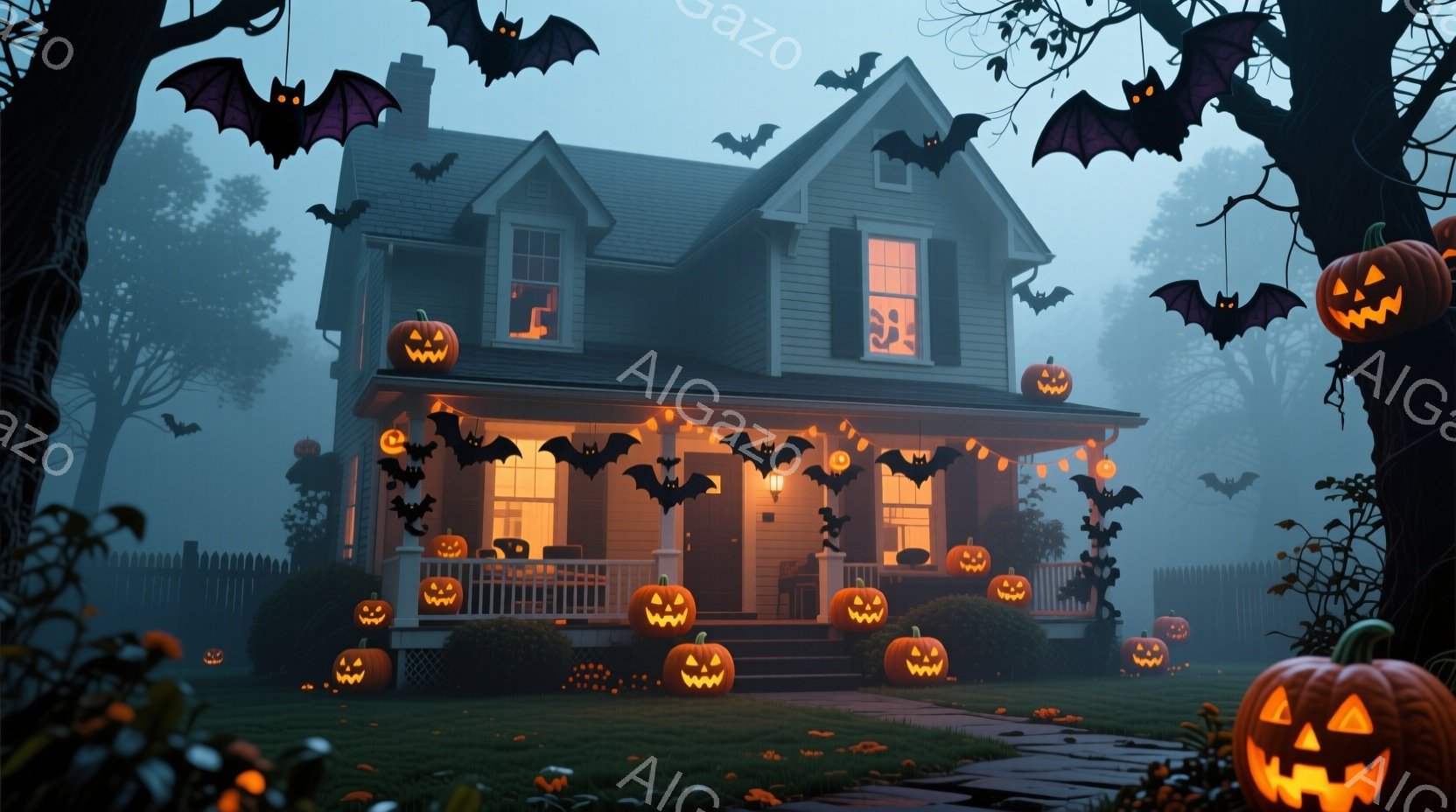 ハロウィーンの飾り付けがされた一軒家が、霧深い夜に浮かび上がっています。玄関先や庭にはたくさんのジャック・オー・ランタンが並び、不気味ながらも温かい光を放っています。背景にはシルエットの木々が見え、空にはコウモリが舞い、全体的に神秘的で少し怖い雰囲気です。