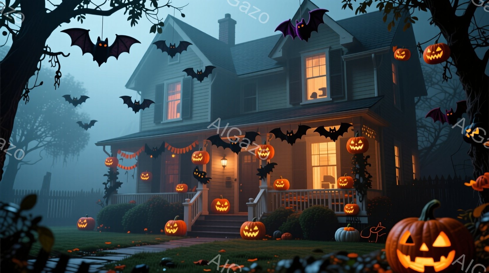 ハロウィーンの飾り付けがされた、薄暗い屋根裏部屋のある家が描かれています。家の周りには様々な大きさのジャック・オー・ランタンが配置され、黒いコウモリが空を飛び交い、不気味な雰囲気を醸し出しています。庭 - AI生成フリー素材