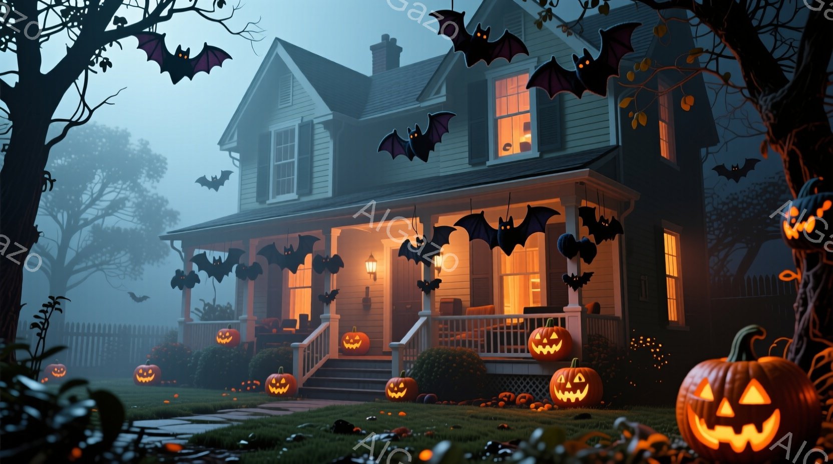 薄暗い夕暮れ時に、ハロウィーンの装飾が施された可愛らしい家が描かれている。家の周りにはたくさんのジャック・オー・ランタンが配置され、空には黒いコウモリが舞い、不気味でありながらも温かい雰囲気を醸し出している。庭には霧がかかり、ハロウィーンの夜の神秘的な雰囲気をさらに強調している。
