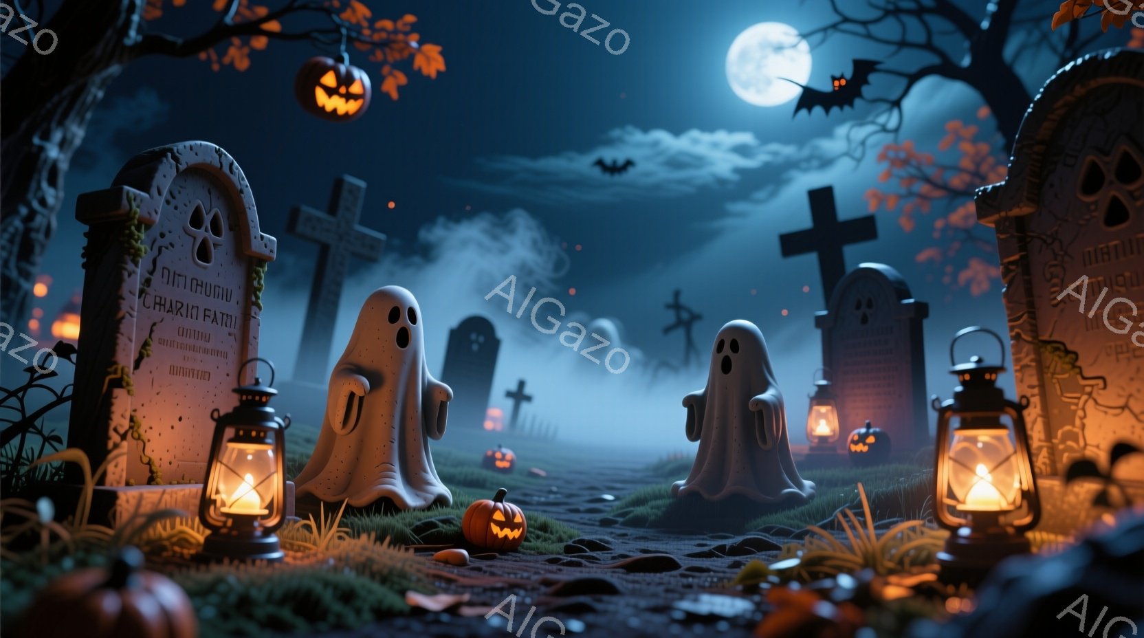 夜の墓地が描かれており、いくつかの墓石、カボチャのランタン、そして二つの幽霊が配置されています。幽霊は白い布で覆われ、愛らしい表情をしています。背景には霧が立ち込め、月明かりが差し込み、全体的にハロウィーンらしい神秘的で楽しい雰囲気です。