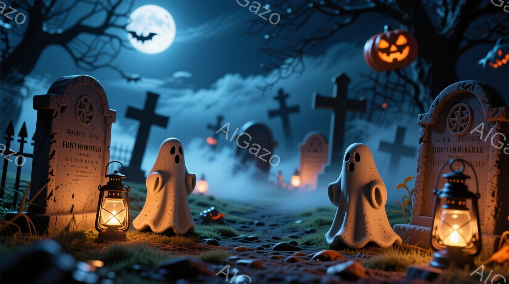 夜の墓地が描かれており、幽霊たちが立っている。月明かりの下、墓石やカボチャ、ランタンが配置され、不気味な雰囲気を醸し出している。背景にはシルエットの木々が立ち並び、ハロウィーンの夜を連想させる。