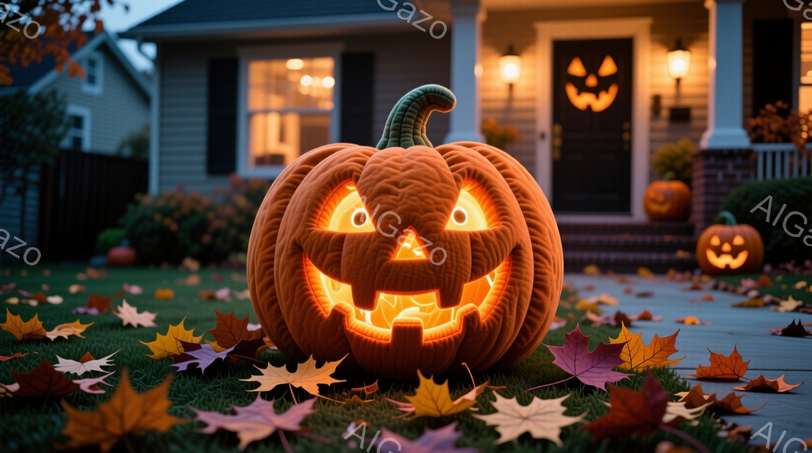 庭には、ハロウィーンのランタンとして彫られた大きなオレンジ色のカボチャが置かれており、内部から暖かい光が漏れています。背景には、ハロウィーンの装飾が施された家があり、鮮やかな紅葉が芝生を覆っています。全体的に、暖かく、お祭り気分で、秋の夜の趣のある雰囲気を醸し出しています。
