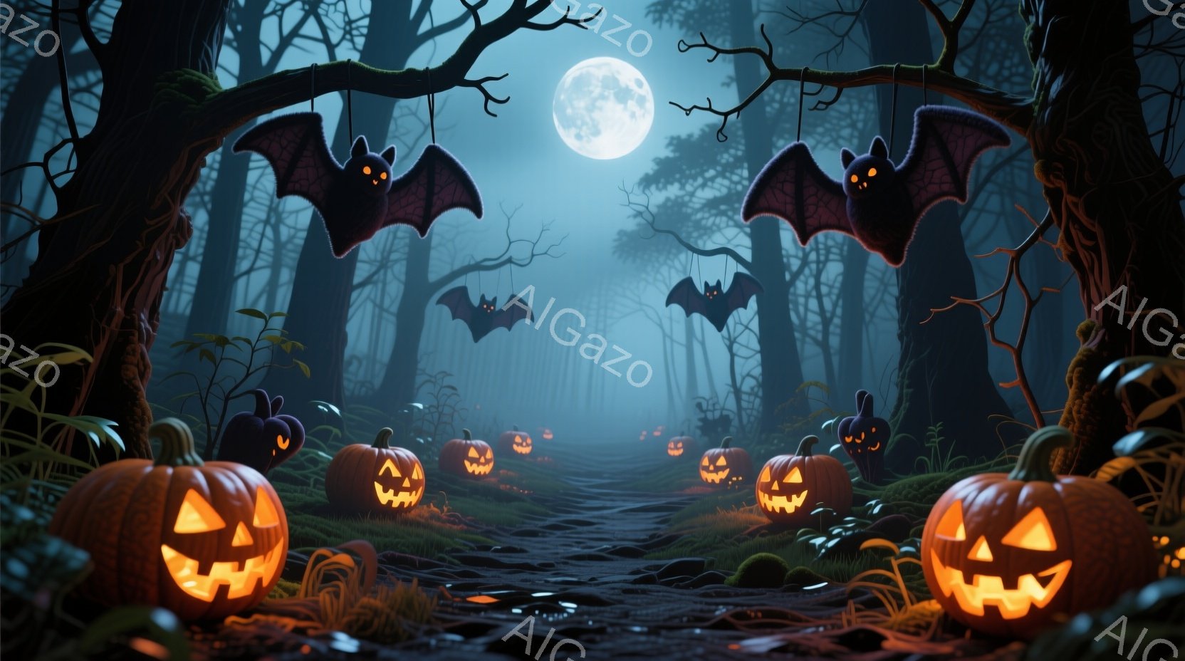 暗い森の小道に、不気味なハロウィーンの光景が広がっています。道沿いにはジャック・オー・ランタンが並び、上空には黒いコウモリが飛び交い、月の光が照らしています。 全体的に、不気味でありながらも魅力的な、ハロウィーンの夜の雰囲気が漂っています。