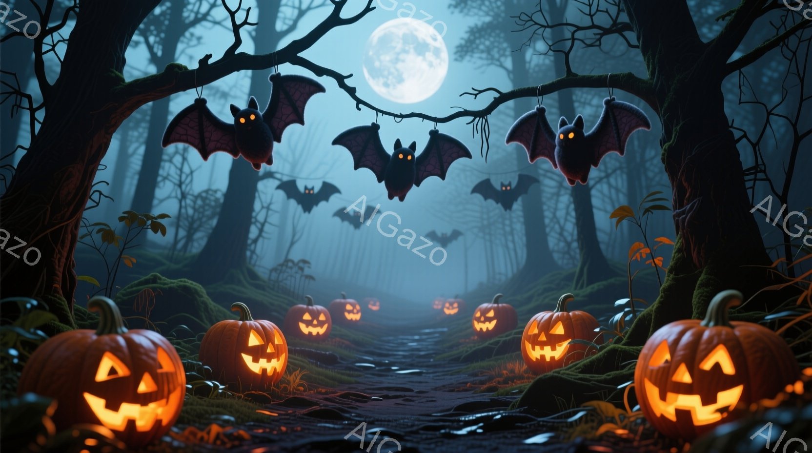 切り株や地面に並んだジャック・オー・ランタンが薄暗い森の道を照らし出している。空には満月が輝き、背景の木々の間から多数のコウモリが飛んでいる様子が描かれている。全体的に不気味で神秘的なハロウィーンの雰 - AI生成フリー素材