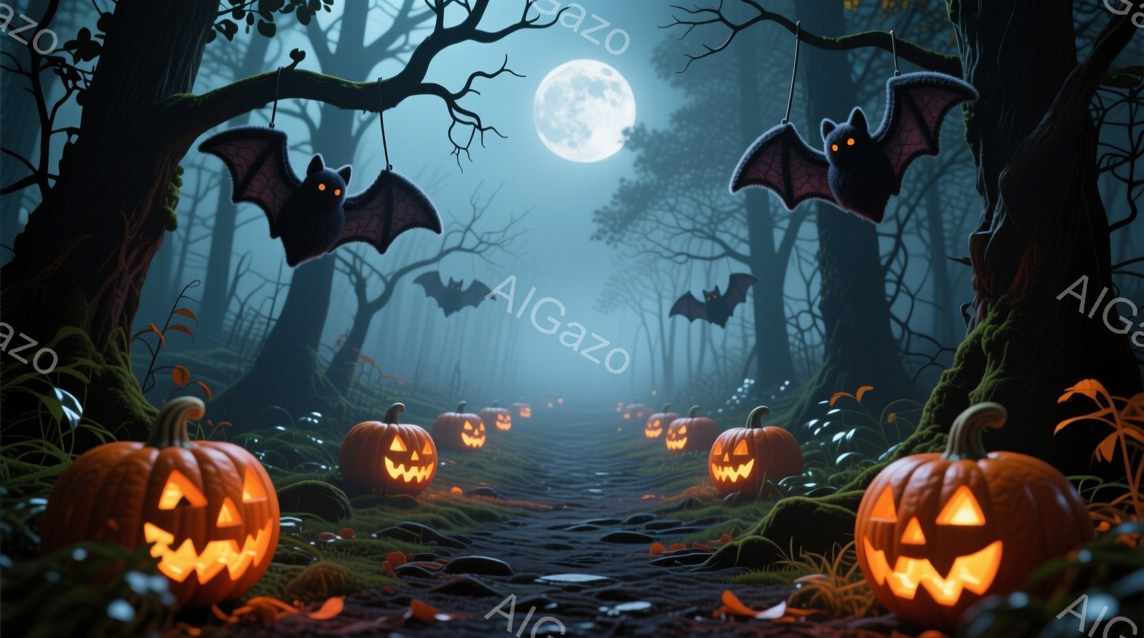 暗い森の中を照らす、ジャック・オー・ランタンが並ぶ道が描かれています。背景にはうっそうとした木々が立ち並び、黒いコウモリが月明かりの下を舞っています。 全体的に不気味でありながらも幻想的なハロウィーンの雰囲気が漂っています。