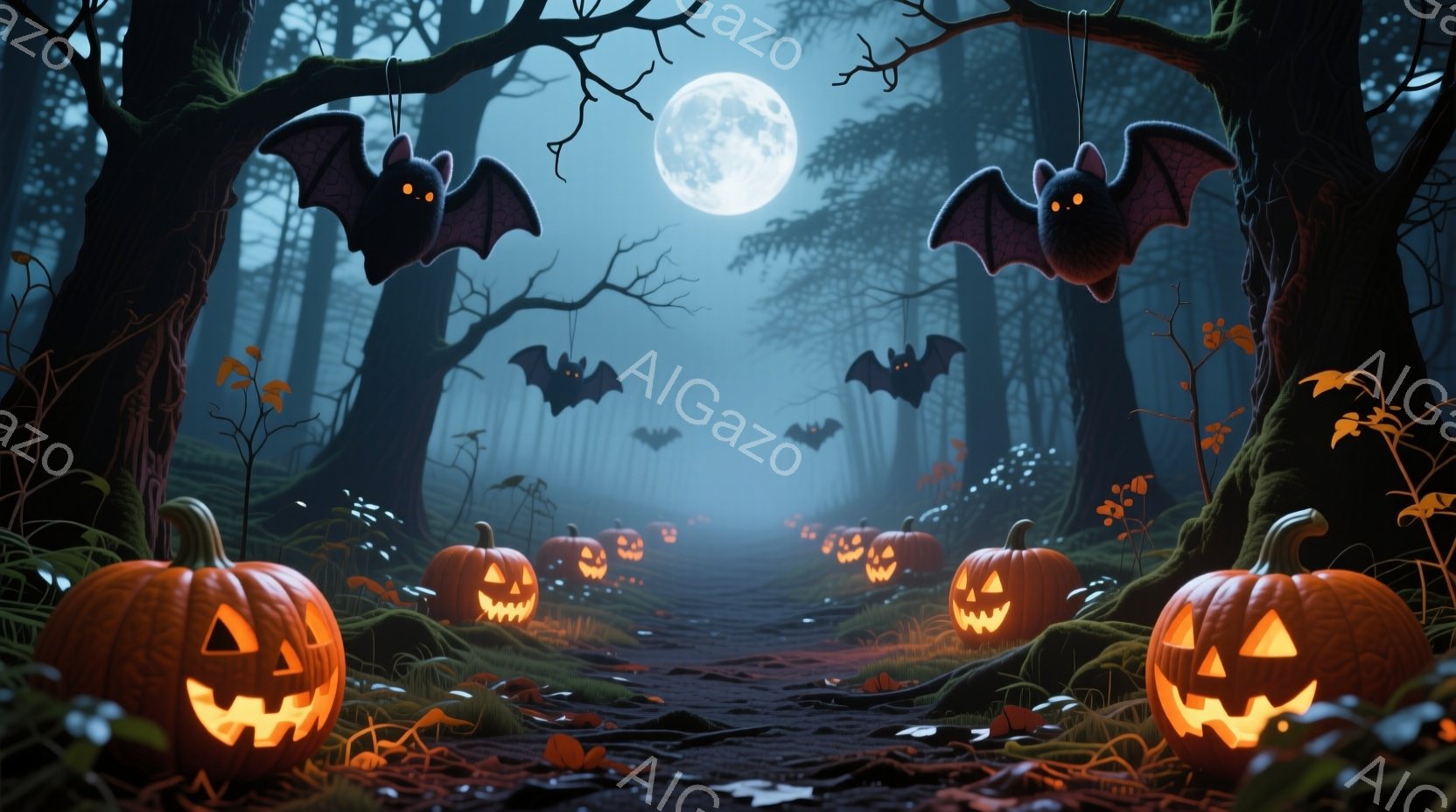 夜の森の中、切り株や地面に多数のジャック・オー・ランタンが灯されており、不気味な光を放っている。背景には霧が立ち込め、月が明るく照らし出し、空には黒いコウモリが舞っている。全体的にハロウィーンの夜を思 - AI生成フリー素材