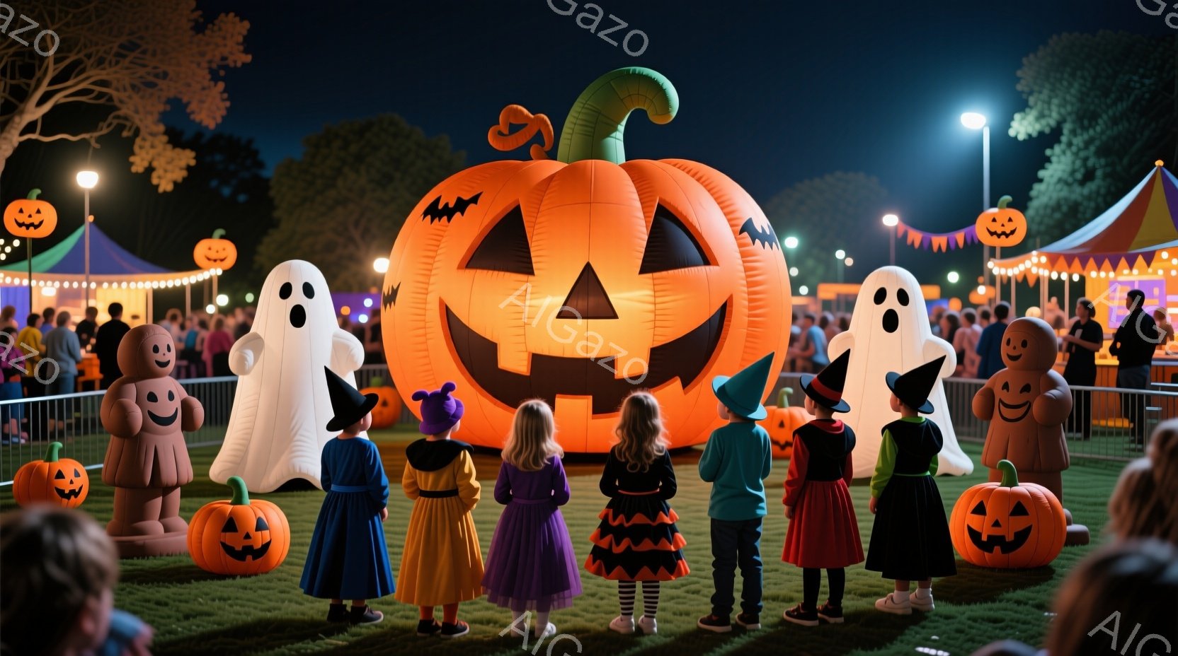 ハロウィーンの夜、子供たちはカラフルな衣装を着て、巨大なパンプキンバルーンの前に立っています。彼らは背中を向けており、衣装は魔女、お化け、そして様々なハロウィーンキャラクターを模しています。背景には、 - AI生成フリー素材