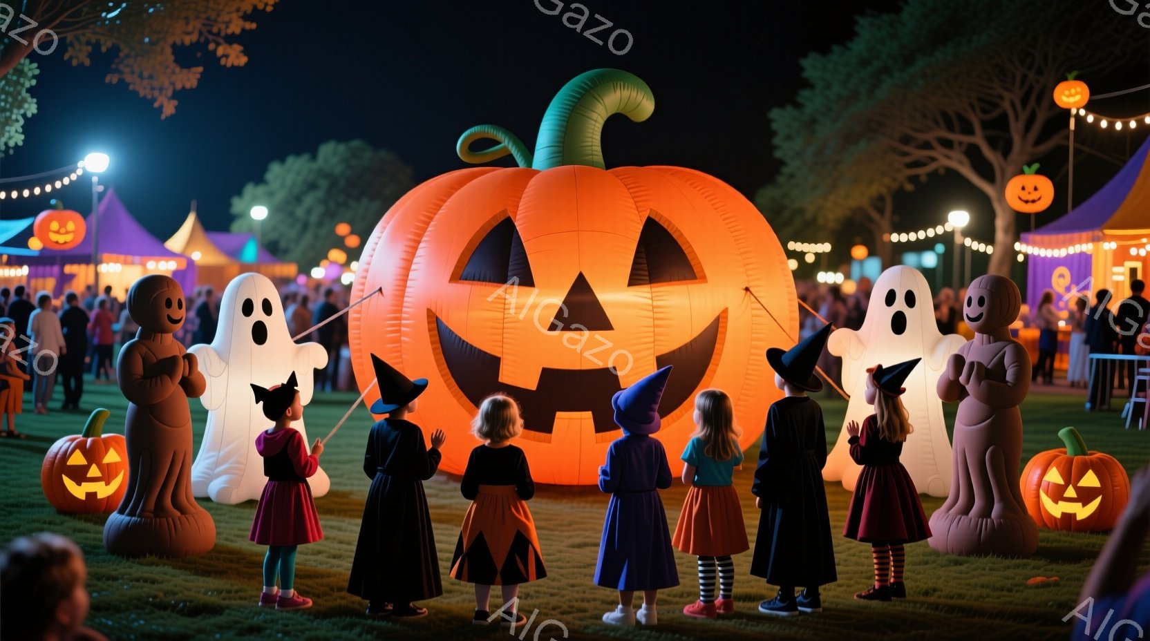 ハロウィーンの夜、数人の子供たちが黒い魔女の帽子をかぶり、黒い衣装を着て、巨大なオレンジ色のカボチャのバルーンの前に立っている。彼らはカボチャのバルーンを見上げ、興奮と期待に満ちた表情をしているように - AI生成フリー素材