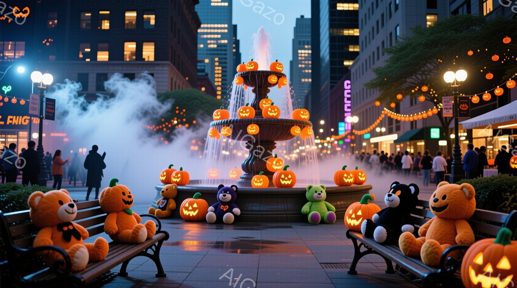 人々が街を歩き、各国の伝統的な観視装置が夜空を彩り、街はホロウィンドウと光が交錯する中、トラッキーパラディスムのような大きな水道橋が水のジェットを流し、その下に各種のお化けの人形が散りばめられています。