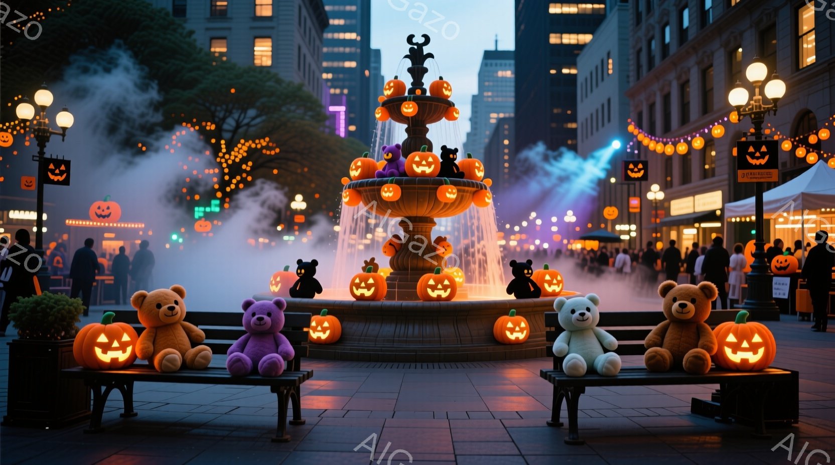 広場の中央には、ハロウィーンの飾り付けがされた噴水があり、カボチャのランタンが各段に配置されています。広場には多くの人々がおり、カジュアルな服装で、一部はコートを着ています。背景には高層ビル群が立ち並 - AI生成フリー素材