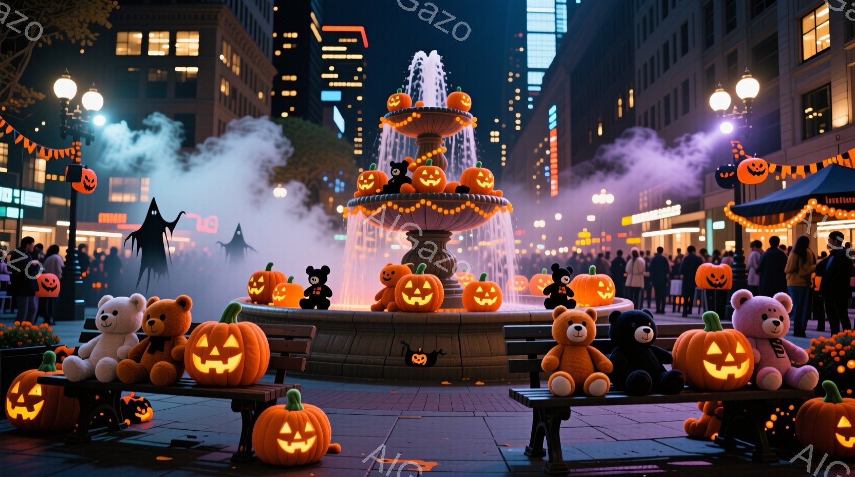 ハロウィーンの夜の都市広場が描かれています。噴水はカボチャのランタンで飾られ、その周りにはテディベアやカボチャのぬいぐるみ、ハロウィーンの装飾が並べられています。背景には高層ビル群が立ち並び、夜空には霧が立ち込め、お祝いムードを盛り上げています。