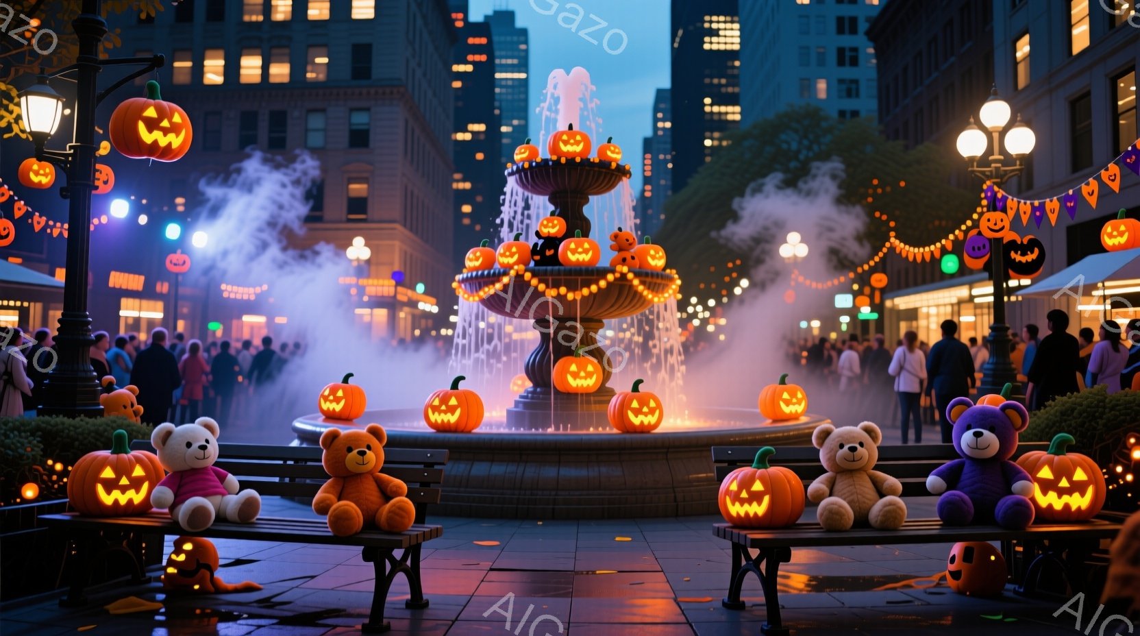 ハロウィーンをテーマにした公園の様子で、噴水がオレンジ色のジャック・オー・ランタンで飾られています。ベンチには、様々な色のテディベアが座っており、公園には多くの人々がおり、背景には高い建物が立ち並び、夜空は少し曇っています。全体的に、お祝いムードと少し幻想的な雰囲気が漂っています。