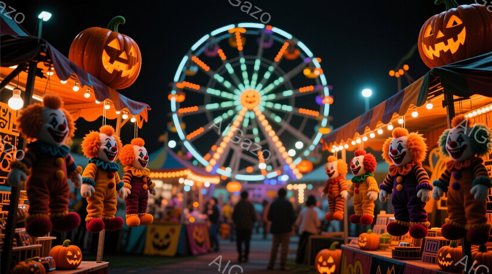 暗い夜の遊園地で、ハロウィーンの装飾が施された屋台が並んでいます。カラフルなピエロのぬいぐるみや、不気味な笑みを浮かべたカボチャのランタンが飾られ、背景には光り輝く観覧車が見えます。人々は楽しそうに歩 - AI生成フリー素材