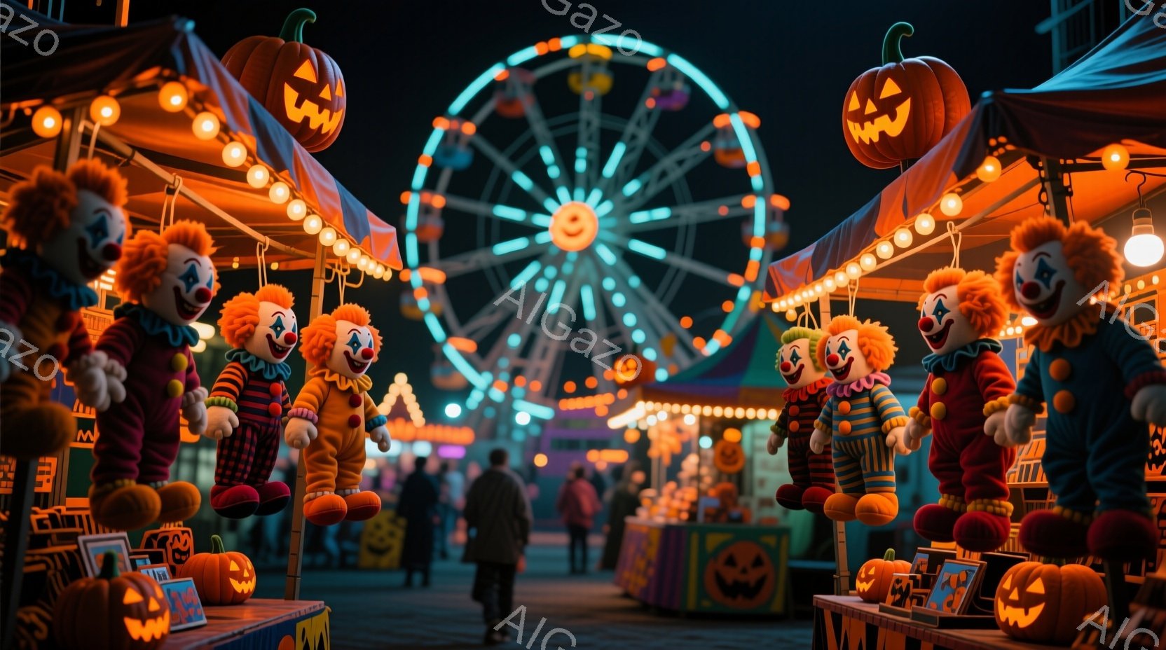 ハロウィーンの夜の遊園地の様子で、オレンジ色の大きなカボチャの飾り付けが並ぶ屋台が描かれている。屋台には、カラフルな道化師の人形が多数ぶら下がり、遠くには光り輝く観覧車が見える。背景には人々の影がぼん - AI生成フリー素材