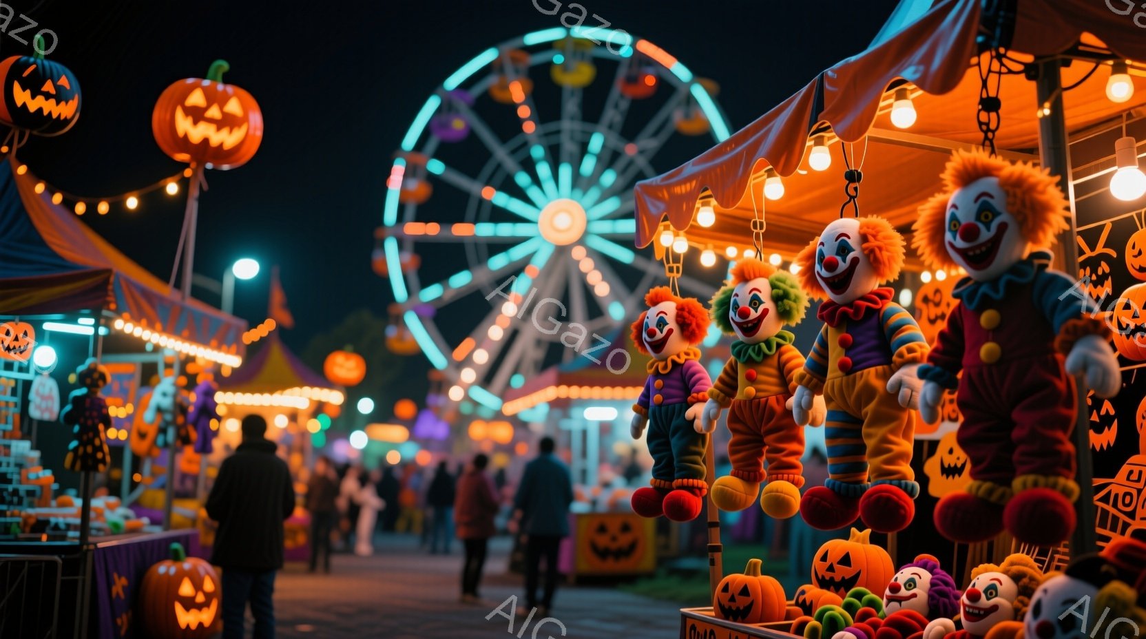 遊園地の夜の様子で、オレンジと紫色のクラウンの人形が並べられた屋台が手前に見えます。背景には、ライトアップされた観覧車や賑やかな人々の姿があり、ハロウィーンの装飾が至る所に施されています。全体的に、温かく、楽しげな雰囲気で、お祭り騒ぎの夜を表現しています。
