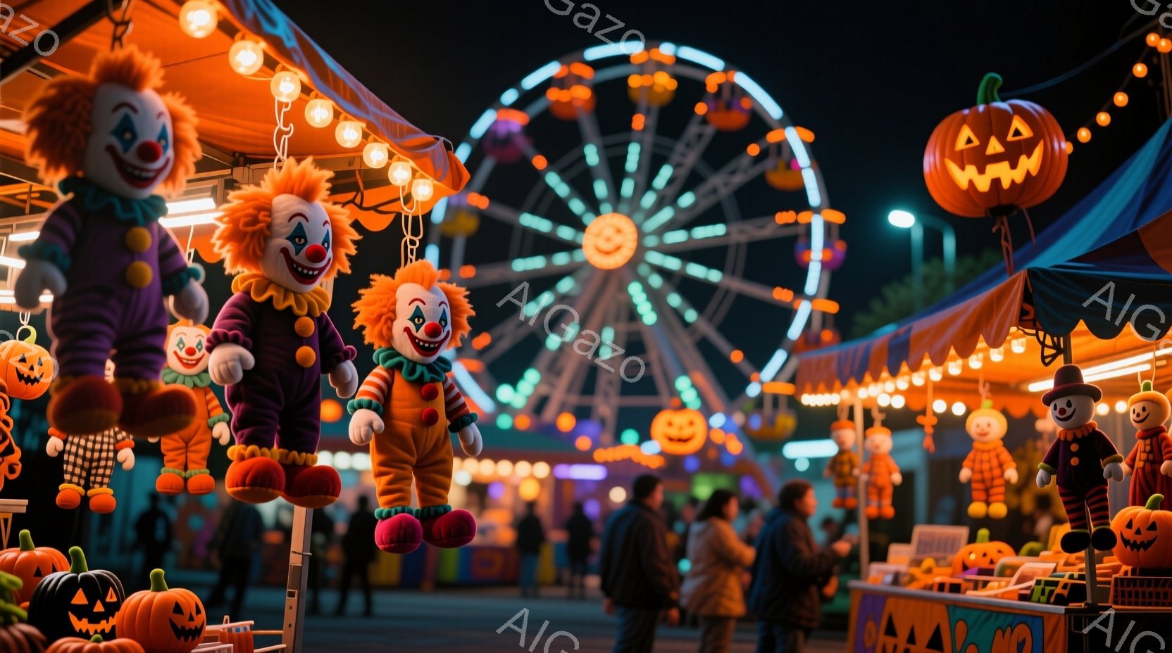 夜の遊園地で、オレンジ色の光で照らされた屋台が並び、ハロウィーンの装飾が施されている。カラフルなピエロのぬいぐるみやカボチャのランタンが飾られ、人々が屋台の周りを歩き回っている。背景には、ライトアップ - AI生成フリー素材