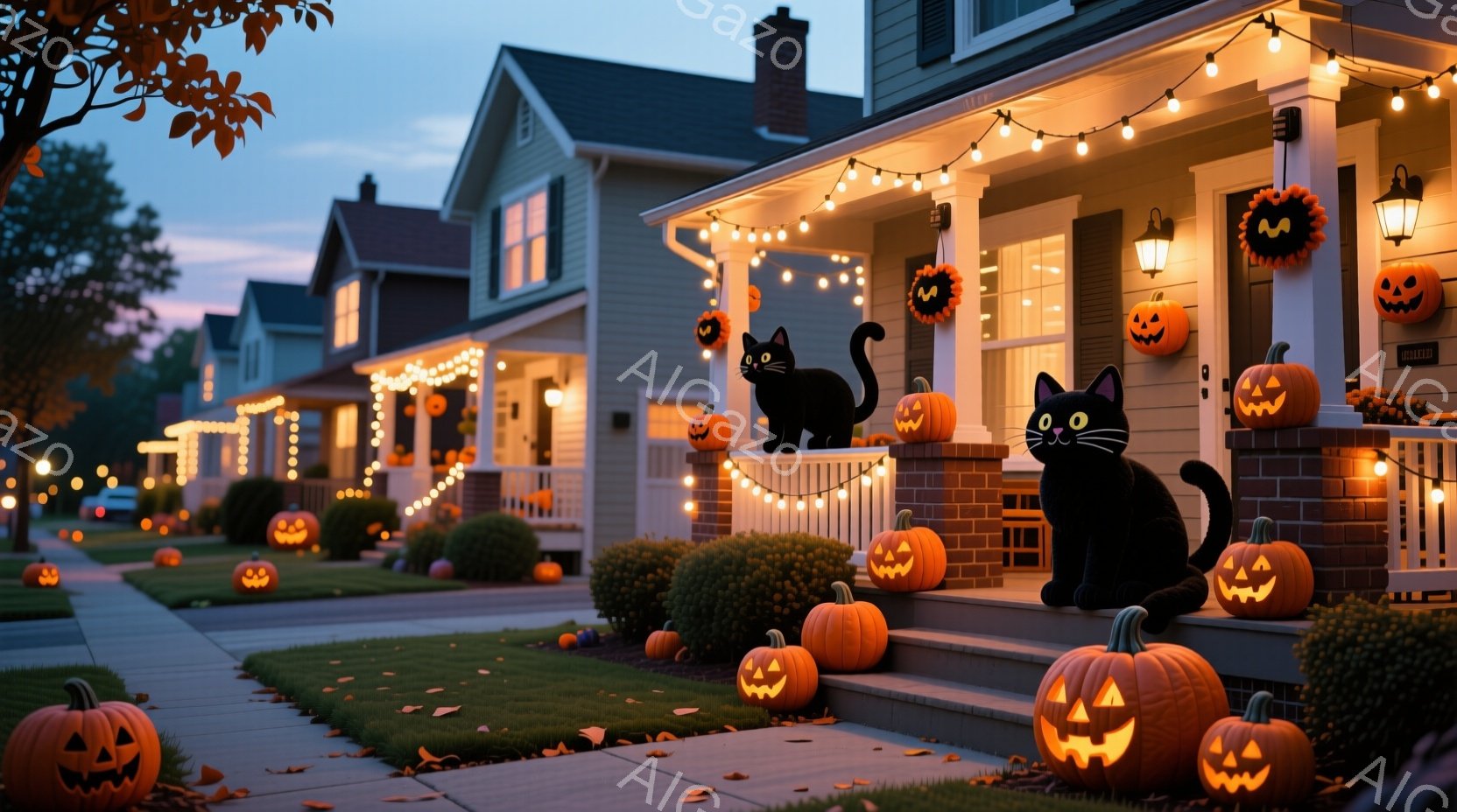 ハロウィーンの装飾が施された住宅街の風景です。各家の玄関先には、様々な大きさのジャック・オ・ランタンや黒い猫の置物が飾られ、オレンジ色の電飾が通りを明るく照らしています。背景には整然とした芝生と住宅が - AI生成フリー素材
