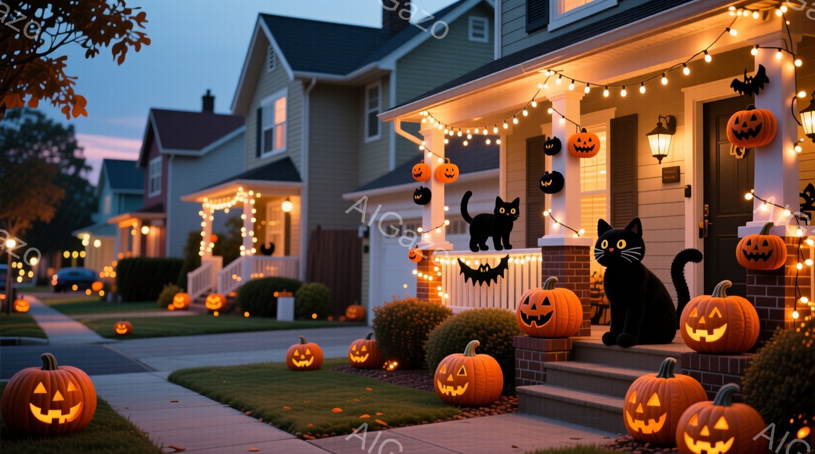 ハロウィーンの飾り付けが施された、アメリカの住宅街の風景です。家の前には、様々な大きさのジャック・オ・ランタンや黒猫の置物が並び、暖かい光が灯っています。夕暮れ時の住宅街は、オレンジ色の光に照らされ、お祭り気分で包まれています。