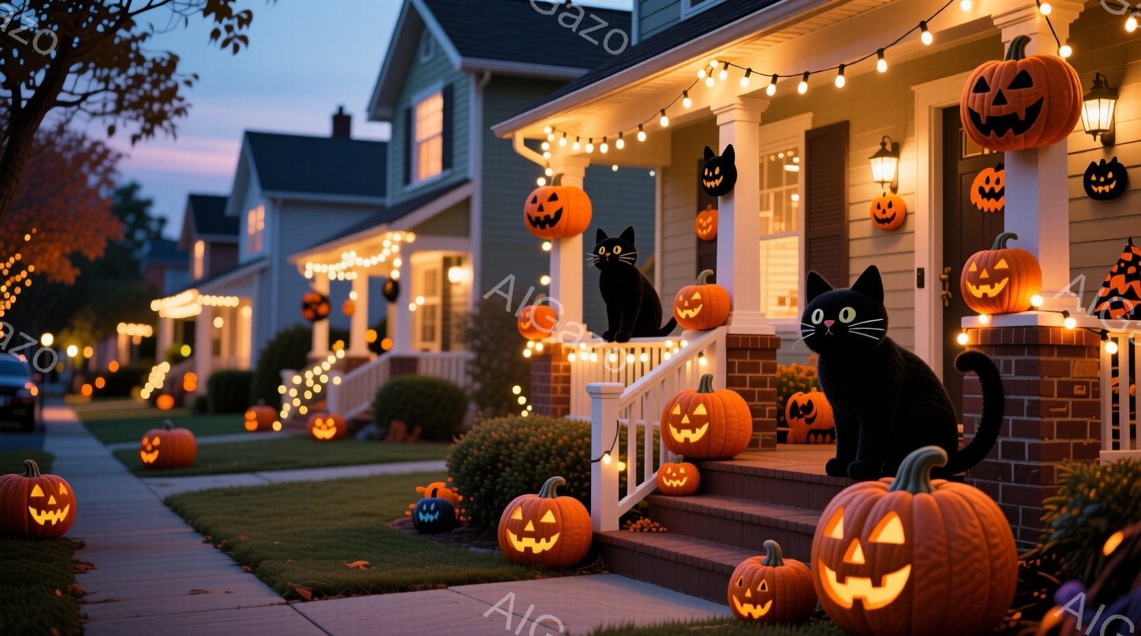 ハロウィーンの飾り付けがされた住宅街の夕暮れの様子が描かれています。玄関ポーチや庭には、様々な大きさのジャック・オー・ランタンが置かれ、黒猫の置物がそれらに交じって飾られています。背景には、同様にハロ - AI生成フリー素材