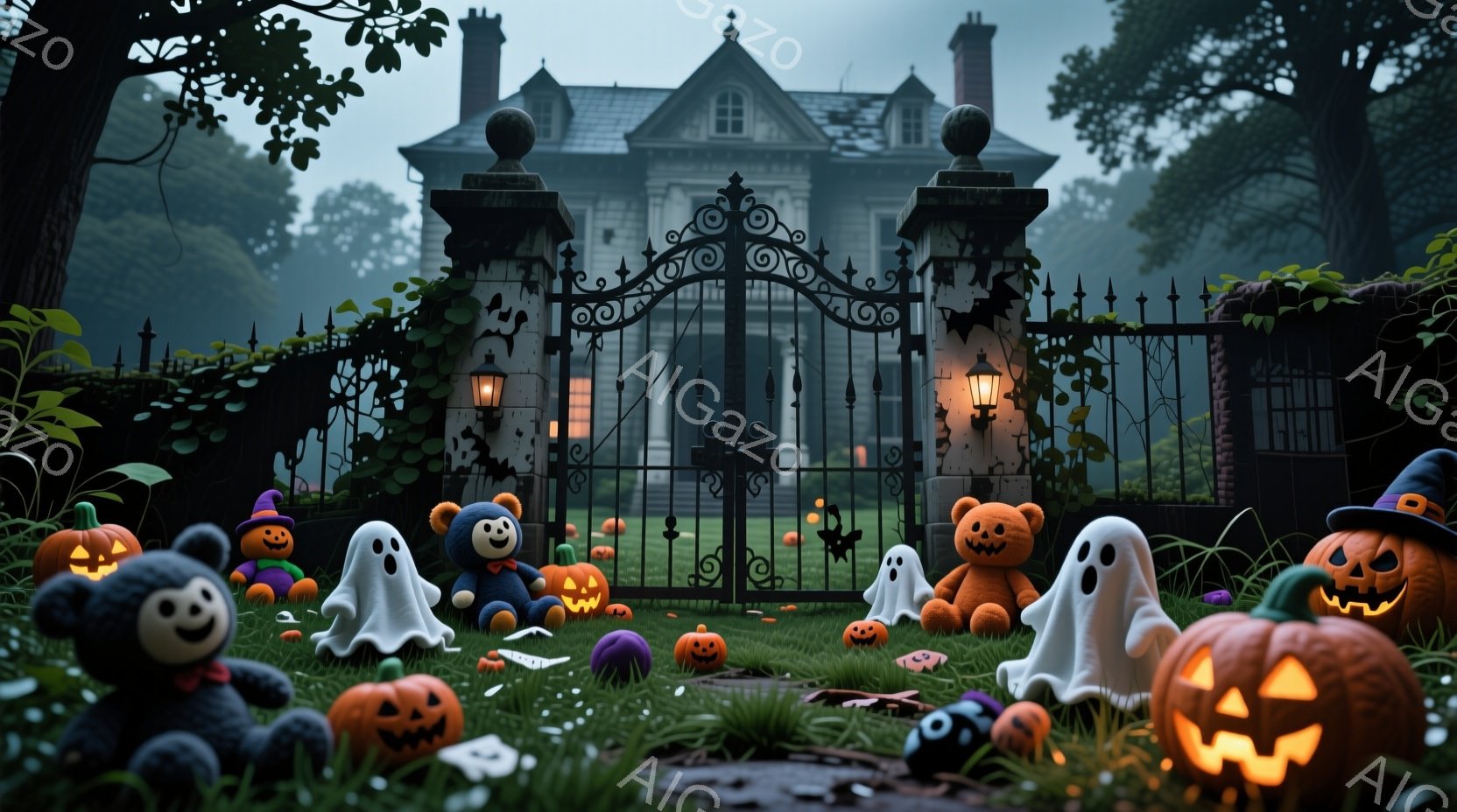 庭には、様々な表情をしたジャック・オー・ランタンや可愛らしいお化け、テディベアが散らばっており、ハロウィーンの楽しい雰囲気を醸し出しています。背景には、黒い鉄柵に囲まれたゴシック様式の屋敷が薄暗い空の下に佇んでおり、庭は緑豊かな草と落ち葉で覆われています。全体的に、少し不気味でありながらも遊び心のある、ハロウィーンの夜の暖かい雰囲気が感じられます。