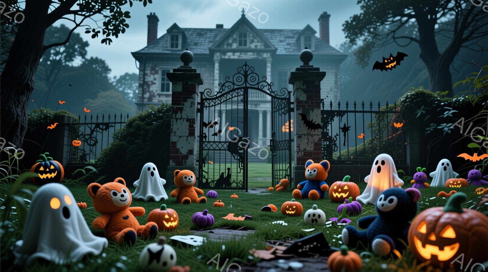 朽ち果てた屋敷の前に、たくさんのハロウィーンの装飾が並んでいます。幽霊やクマのぬいぐるみ、様々な大きさのジャック・オー・ランタンが緑の芝生の上に散らばり、不気味でありながらも可愛らしい雰囲気を醸し出し - AI生成フリー素材