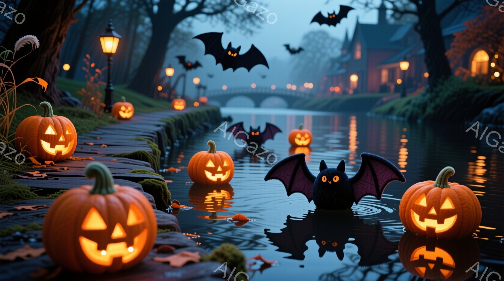 切り株や水面に、ジャック・オ・ランタンが浮かび、暗い水路を照らしています。背景には霧のかかった街並みと橋が見え、黒いコウモリが夜空を舞い、ハロウィーンの不気味な雰囲気を醸し出しています。全体的に、秋の夜の神秘的で幻想的な光景が描かれています。