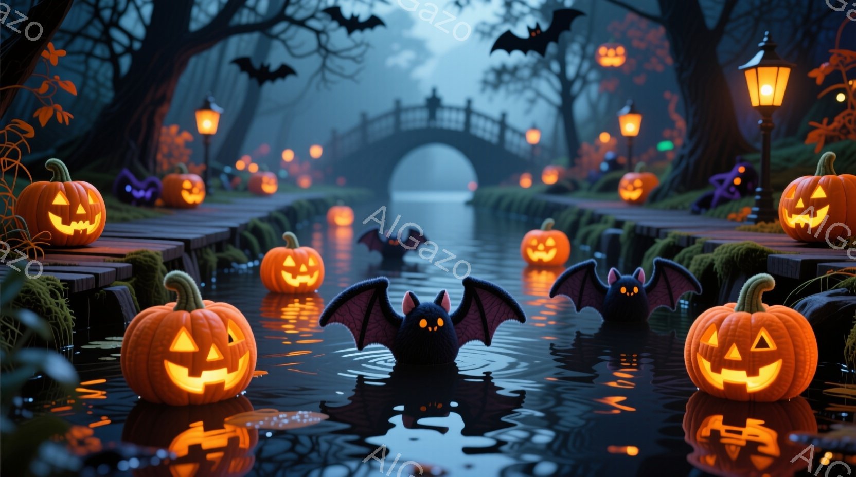 暗い水路にたくさんのジャック・オー・ランタンが浮かび、不気味なハロウィーンの雰囲気を醸し出しています。水面にはカラスやコウモリが飛び交い、背景には古い石造りの橋と暗い森が広がっています。全体的に、幻想的で少し不気味なハロウィーンの夜の光景です。