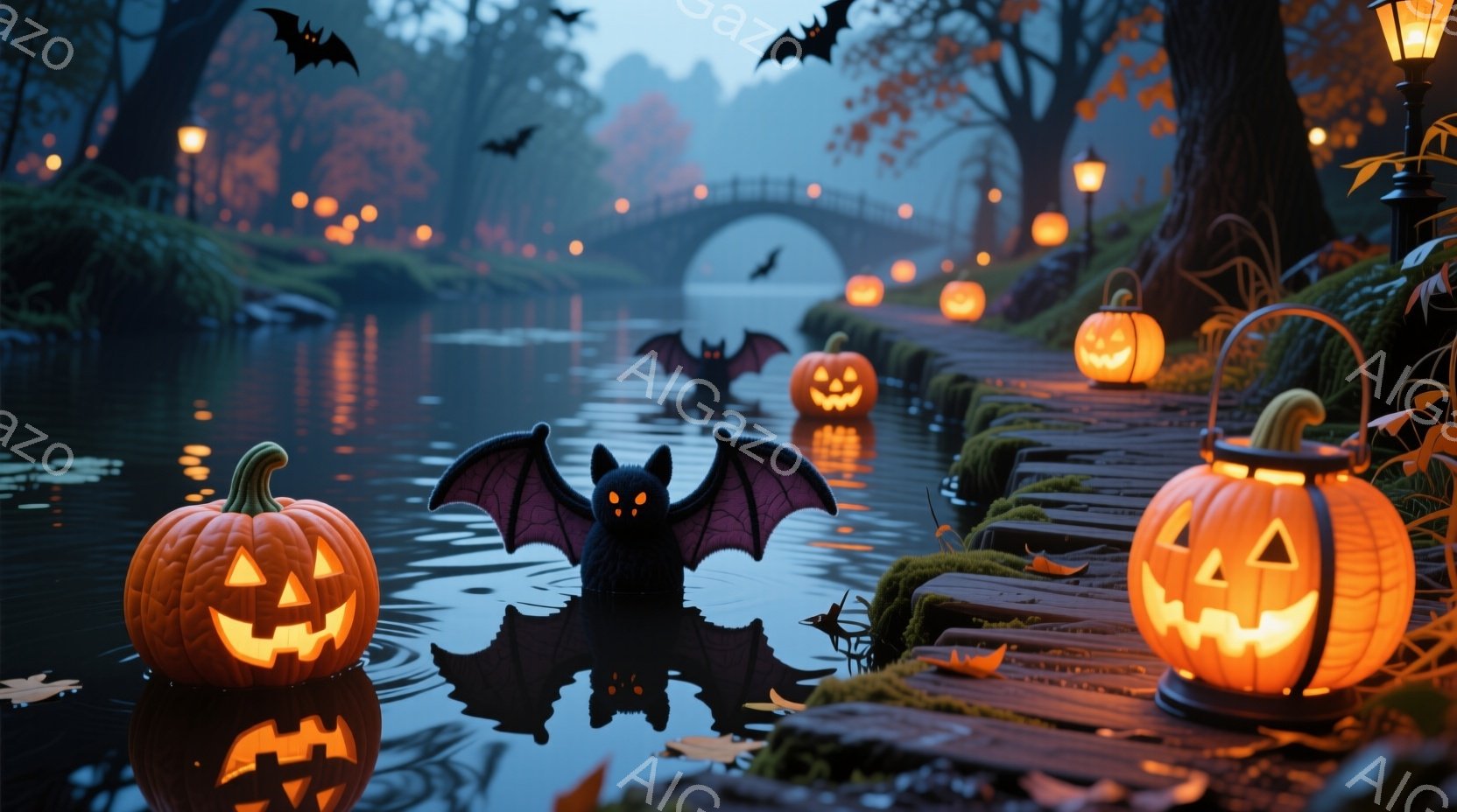 ハロウィーンの夜、穏やかな水面にジャック・オー・ランタンが浮かび、不気味な光を放っている。アーチ橋と茂った木々が背景にあり、ハロウィーンの夜の穏やかで少し不気味な雰囲気を醸し出している。水面にはコウモリが舞い、全体的に秋の夜の幻想的な光景が広がっている。