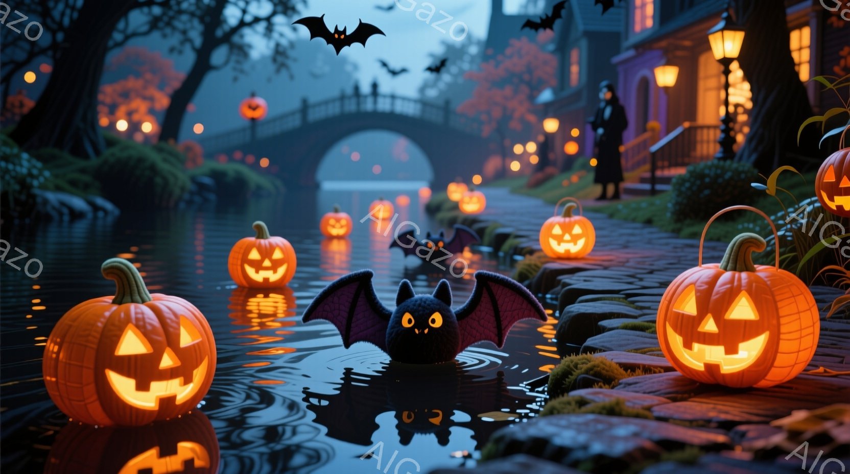 切り株のような顔をした黒いコウモリが水面に浮かび、周囲にはジャック・オー・ランタンが灯っています。石造りの橋の下を流れる水路の両側には、明るい光を放つカボチャが並び、背景には暗い森とぼんやりとした建物 - AI生成フリー素材