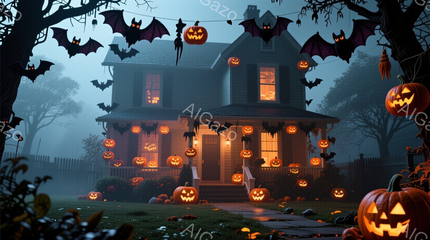 「ハロウィン」をテーマとするホラースタイルのイラストです。幽霊が飛んでおり、屋敷に照らされた黄色の光があります。暗い空気が訪れ、草や木々が周りを取り囲む中で、家は孤島のように見えます。背景の詳細には、 - AI生成フリー素材