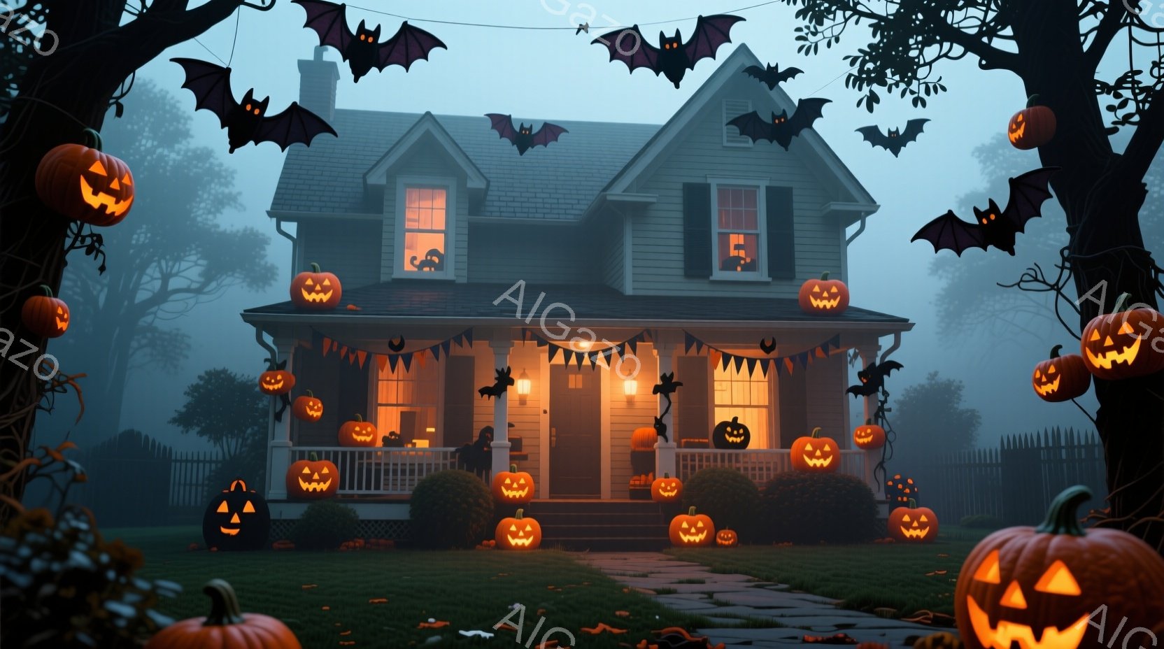 ハロウィーンの飾り付けがされた、薄暗い一軒家が描かれています。正面の庭にはたくさんのジャック・オ・ランタンが並び、玄関先には黒い衣装を着た少女が立っています。背景は霧に包まれ、屋根にはコウモリが飛び交っており、全体的に不気味で神秘的な雰囲気が漂っています。