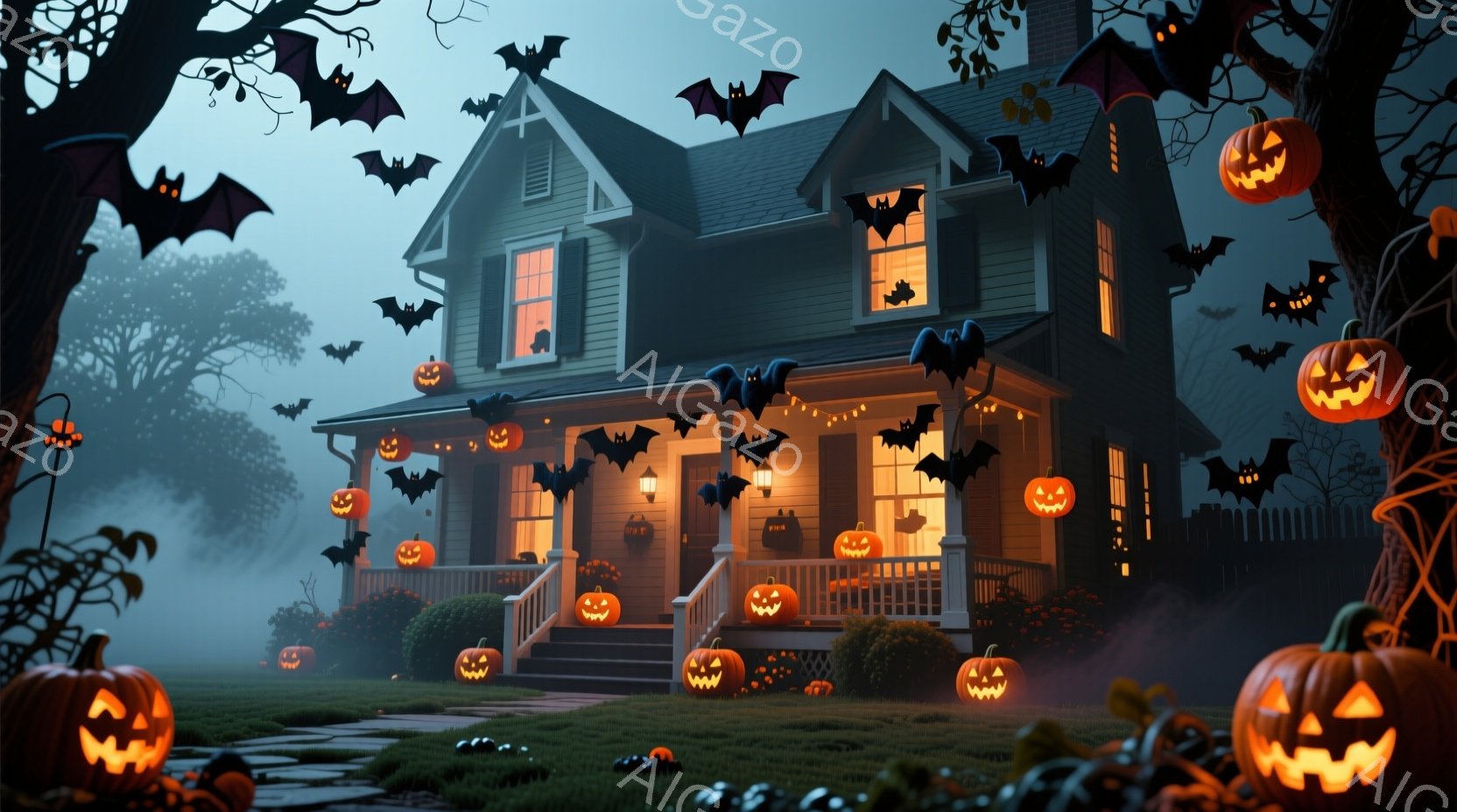 ハロウィーンの飾り付けが施された一軒家が、霧深い夜に浮かび上がっています。家の周りや庭には様々な大きさのジャック・オー・ランタンが灯り、屋根の上にはコウモリが舞い、お祝いムードを盛り上げています。玄関 - AI生成フリー素材