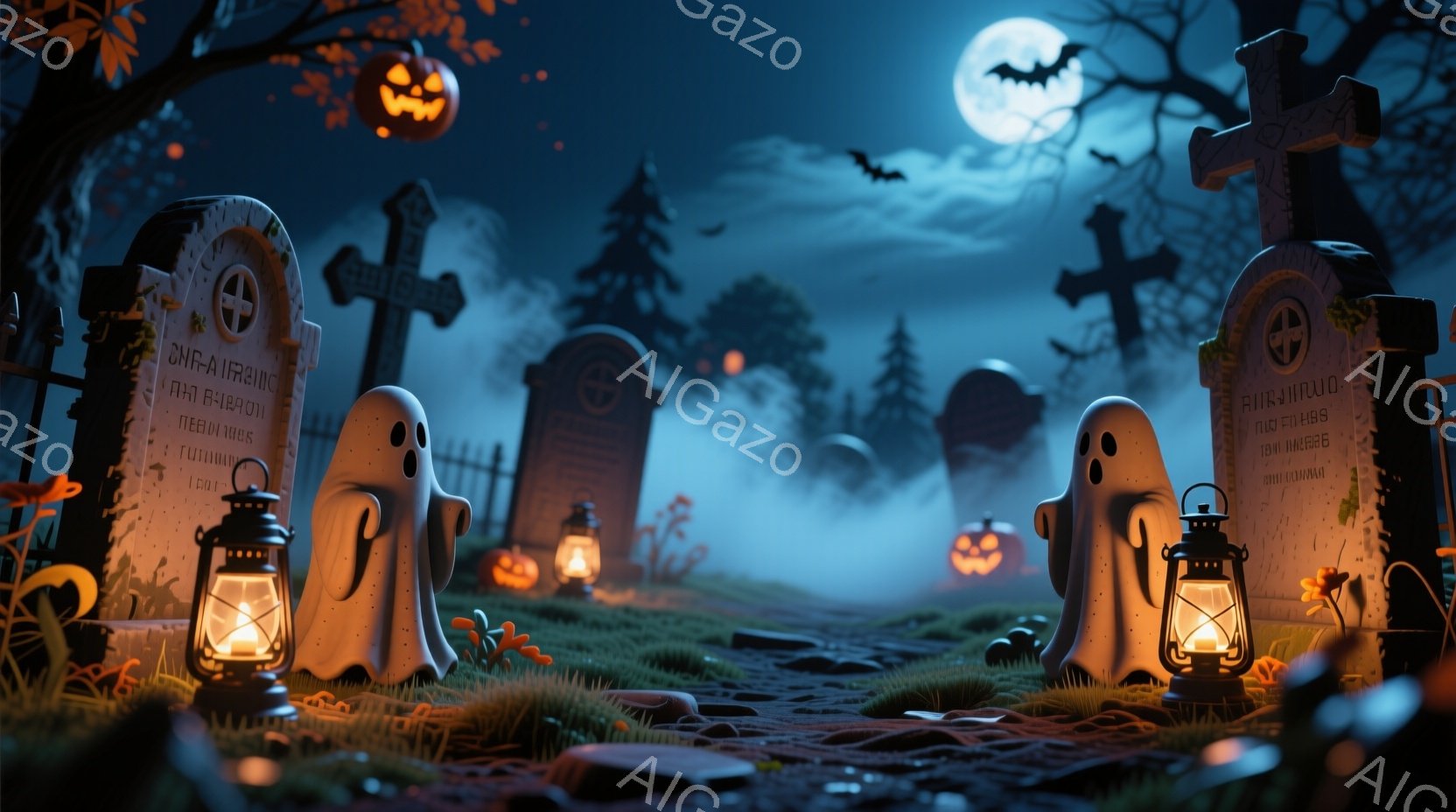 墓地の夜の風景で、2つの白い幽霊が提灯を持って立っています。背景には、墓石、木々、そして空には満月とコウモリが描かれており、ハロウィンの雰囲気が漂っています。全体的に、不気味ながらも可愛らしい、幻想的な光景です。