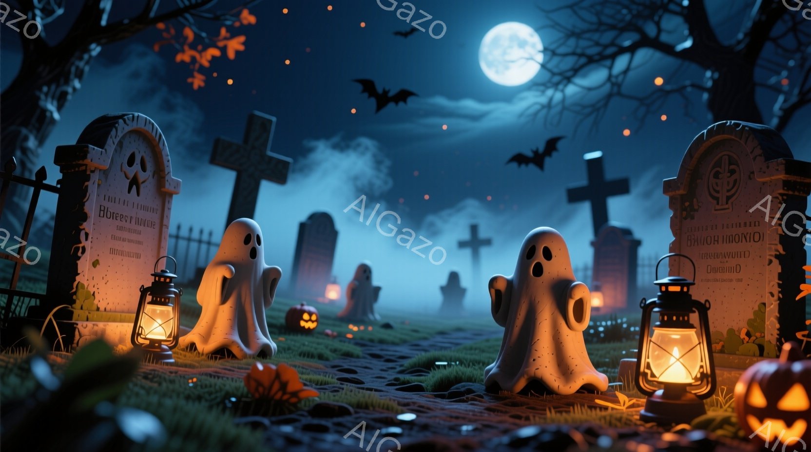 墓地が夜に照らされ、オレンジ色のハロウィーンのランタンと彫刻されたカボチャが点在しています。白い幽霊たちは庭をさまよい、その姿はぼんやりと光り、不気味な雰囲気を醸し出しています。背景には霧がかかった木 - AI生成フリー素材