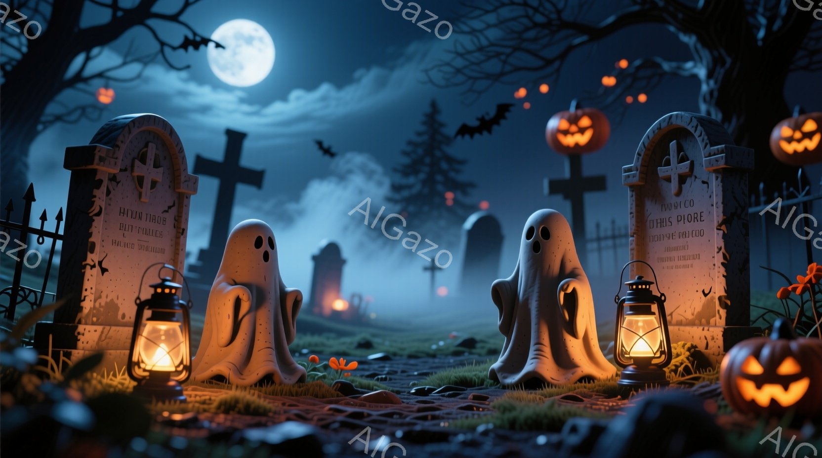 墓地の夜の情景で、幽霊のような姿の二つの白い影が、古い墓石の間に立っている。彼らは、ランプを持った姿で、表情ははっきりしないが、遊び心のある雰囲気を感じさせる。背景には、霧に包まれた墓石、カボチャのラ - AI生成フリー素材