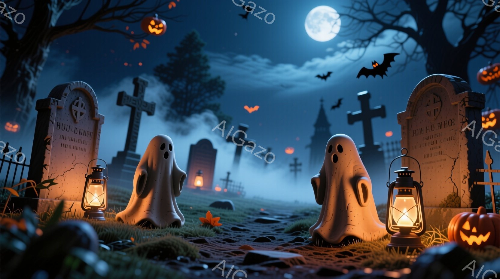 墓地を背景に、ハロウィーンの装飾が散りばめられた夜の風景が描かれています。白い幽霊が2体、提灯を手に立てており、その周りにはカボチャのランタンや十字架の墓石が並んでいます。背景には暗い森と薄暗いお城が - AI生成フリー素材