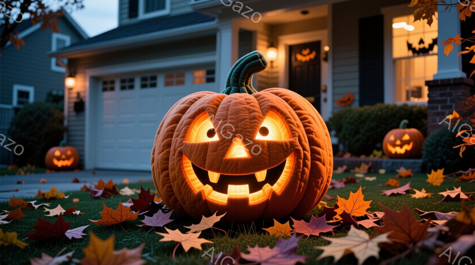 庭には、ジャック・オー・ランタンがいくつか置かれており、一番手前にある大きなカボチャは明るく照らされ、不気味な笑顔を浮かべています。背景には、ハロウィーンの装飾が施された家が見え、落ち葉が散らばる芝生と夕暮れの空が秋の季節感を演出しています。全体として、ハロウィーンの夜の穏やかで少し不気味な雰囲気が漂っています。