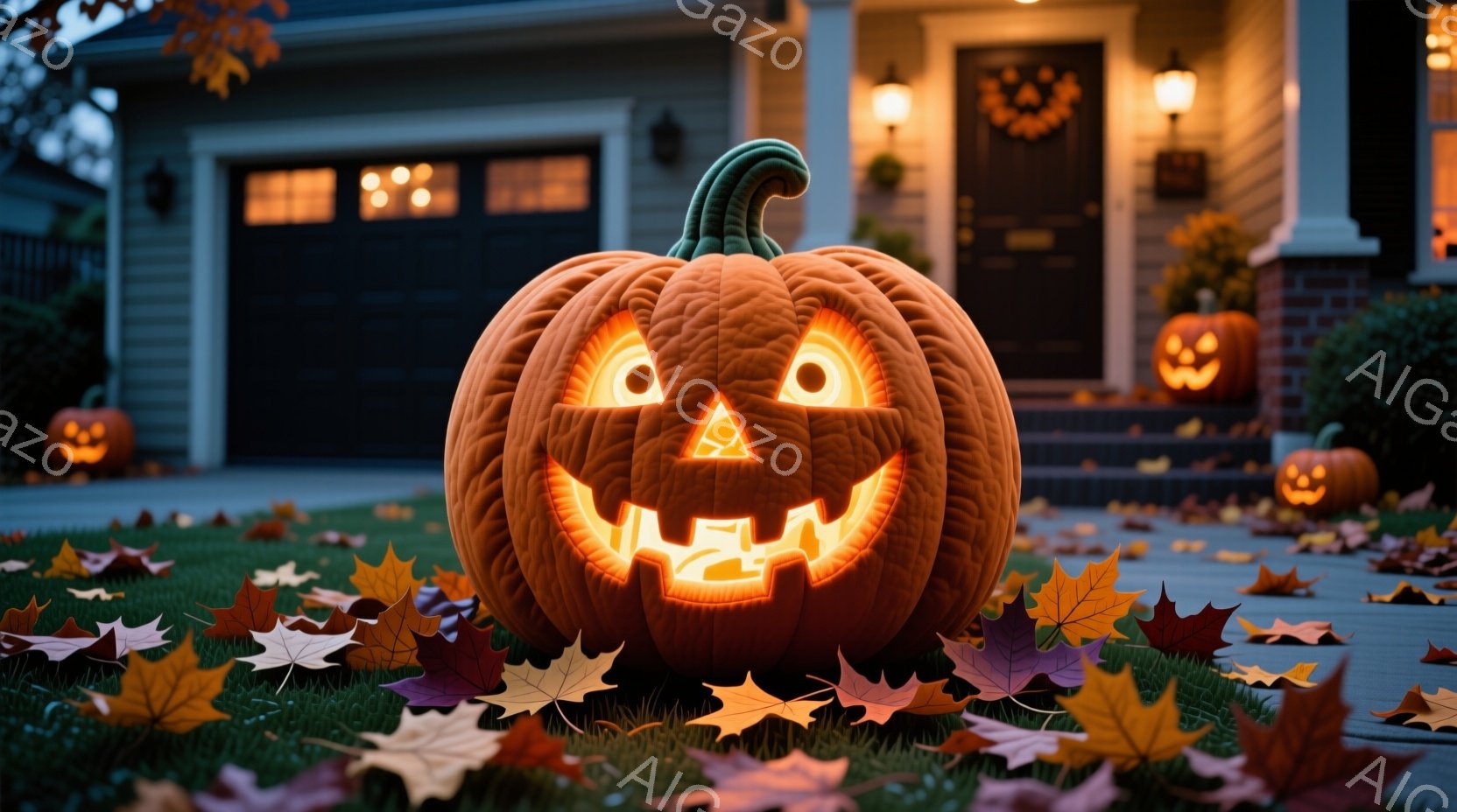夜の住宅の前に、切り抜かれたジャック・オ・ランタンが置かれています。周りには紅葉した葉が散りばめられ、玄関にはハロウィーンのリースが飾られています。暖かく明るい光が、秋の夜の楽しい雰囲気を醸し出しています。